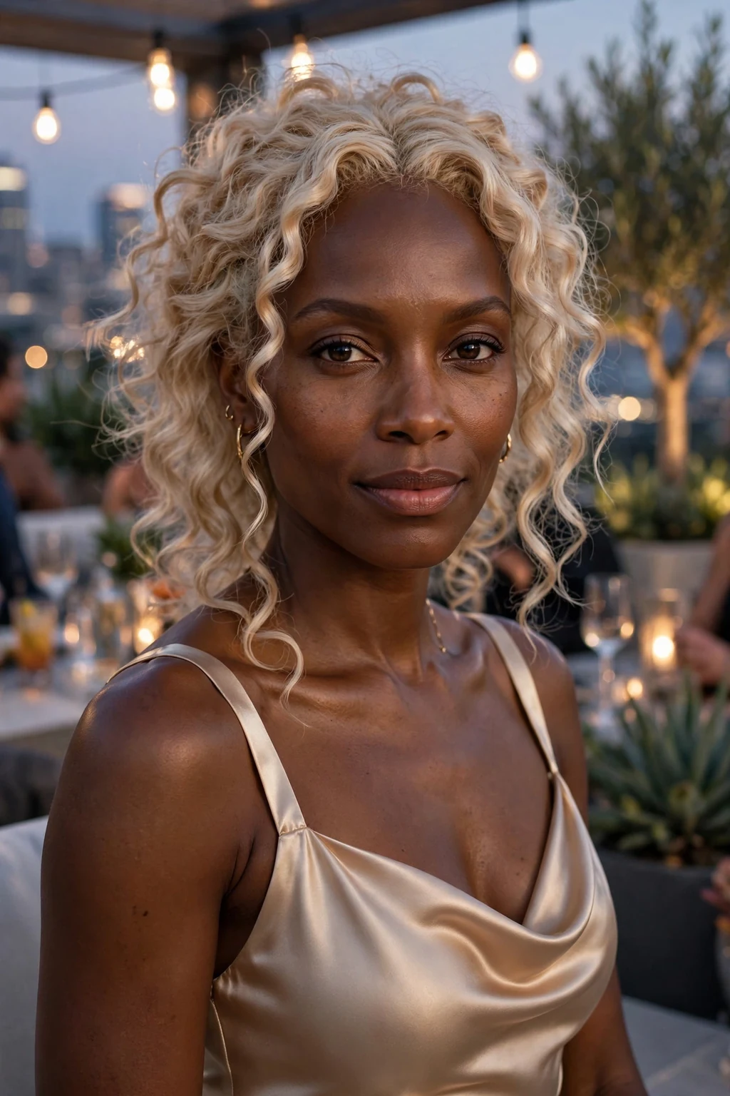 Beautiful woman with champagne blonde, elegant champagne blonde tones, refined light.