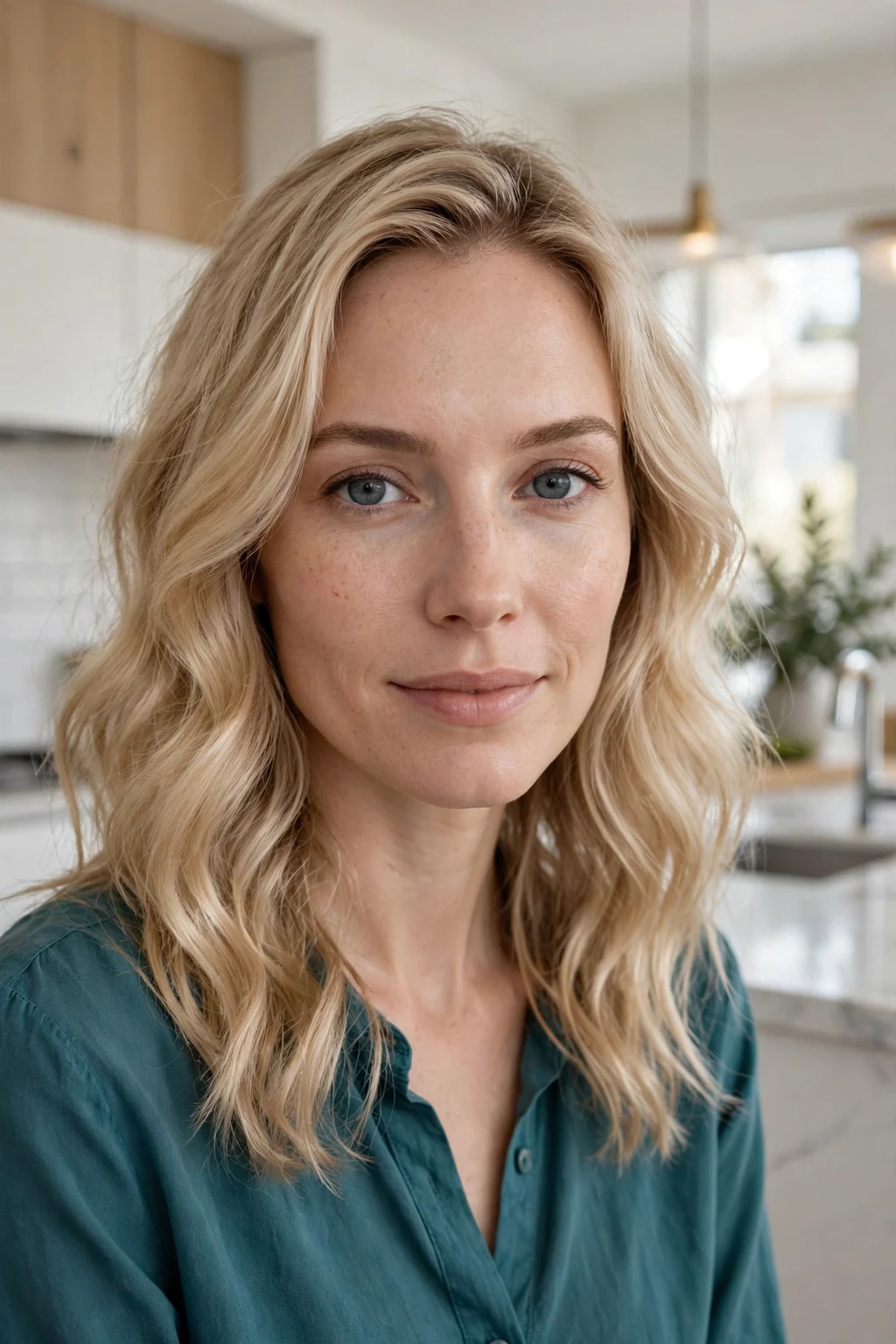 Young woman with champagne blonde waves, wearing a teal blouse in a bright kitchen.