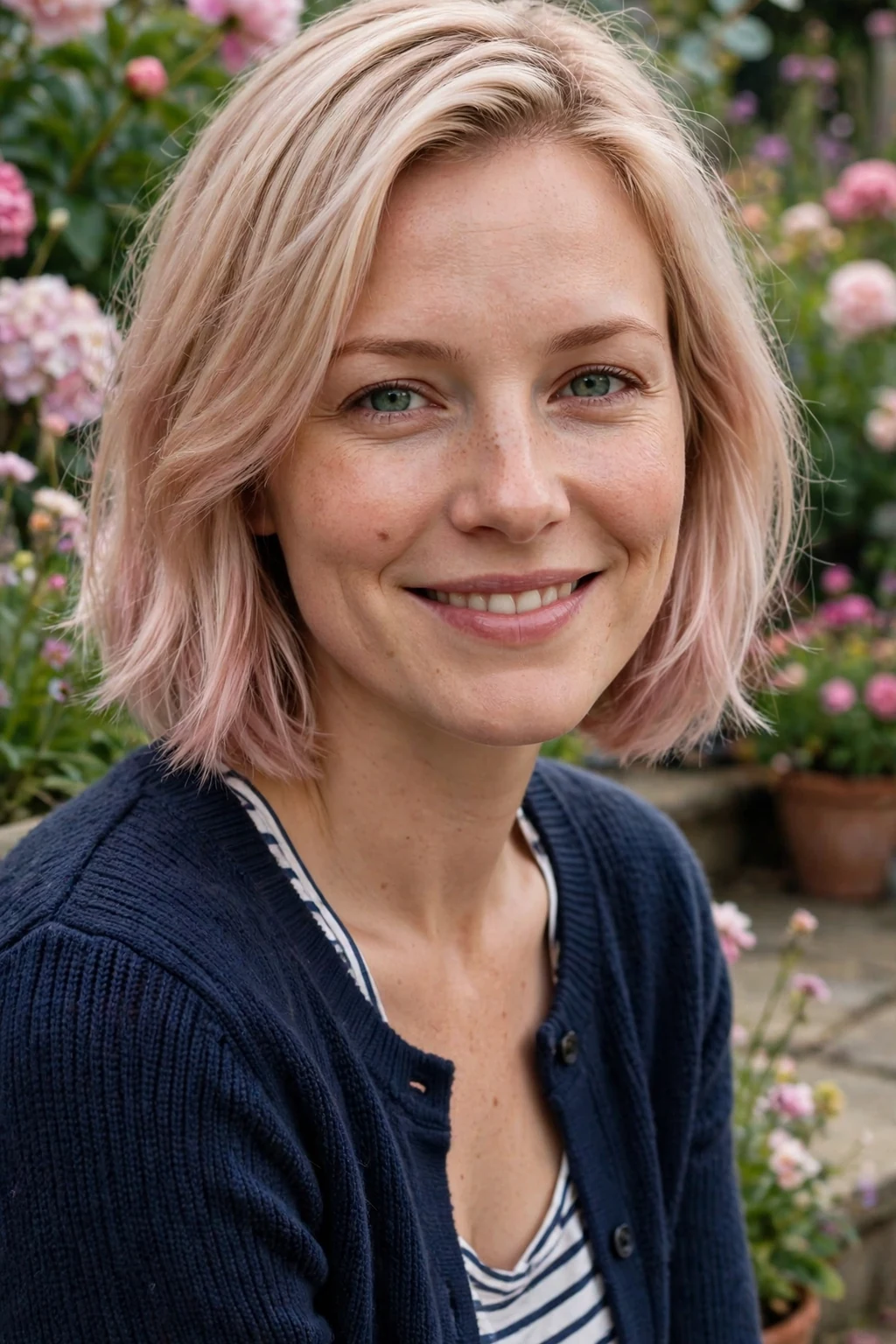 Young Caucasian woman in her early 30s with a chin-length champagne-blonde bob carrying a soft pink tint, wearing a navy cardigan on a garden terrace in the morning.