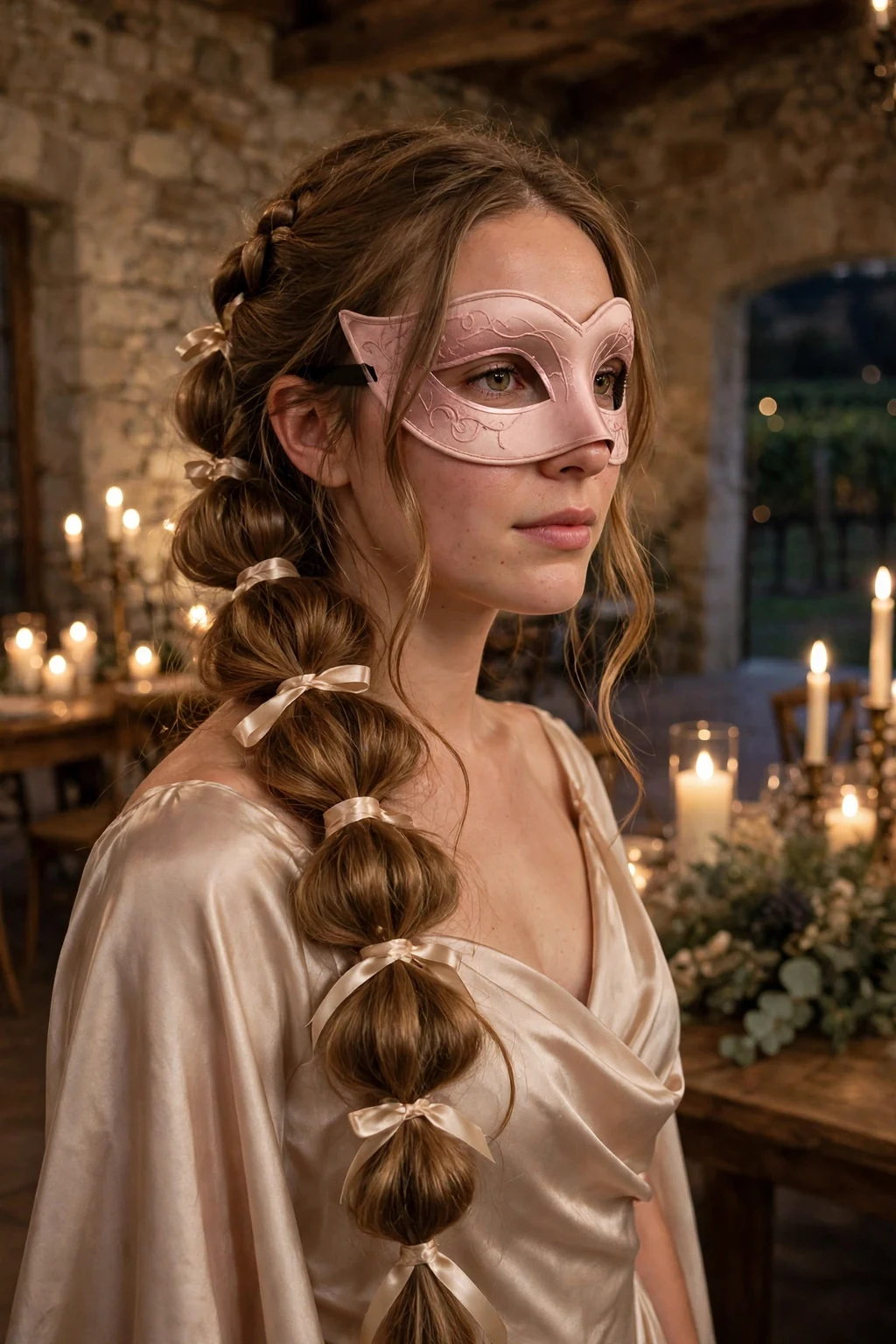 Young woman with a voluminous champagne bubble braid tied with silk ribbons and a blush masquerade mask in a vineyard ballroom.