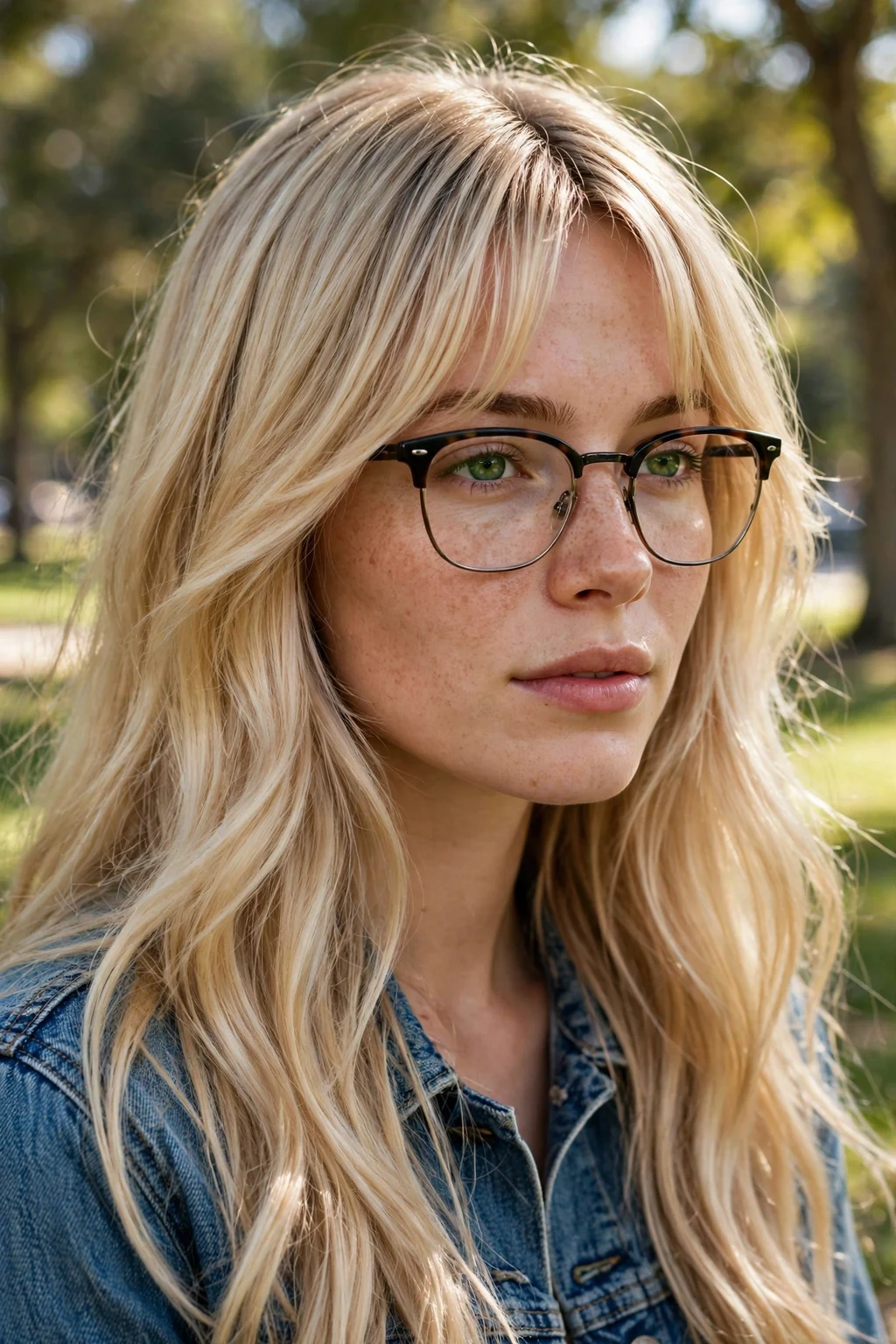 Young woman in her mid 20s with champagne blonde curtain bangs wearing browline glasses.