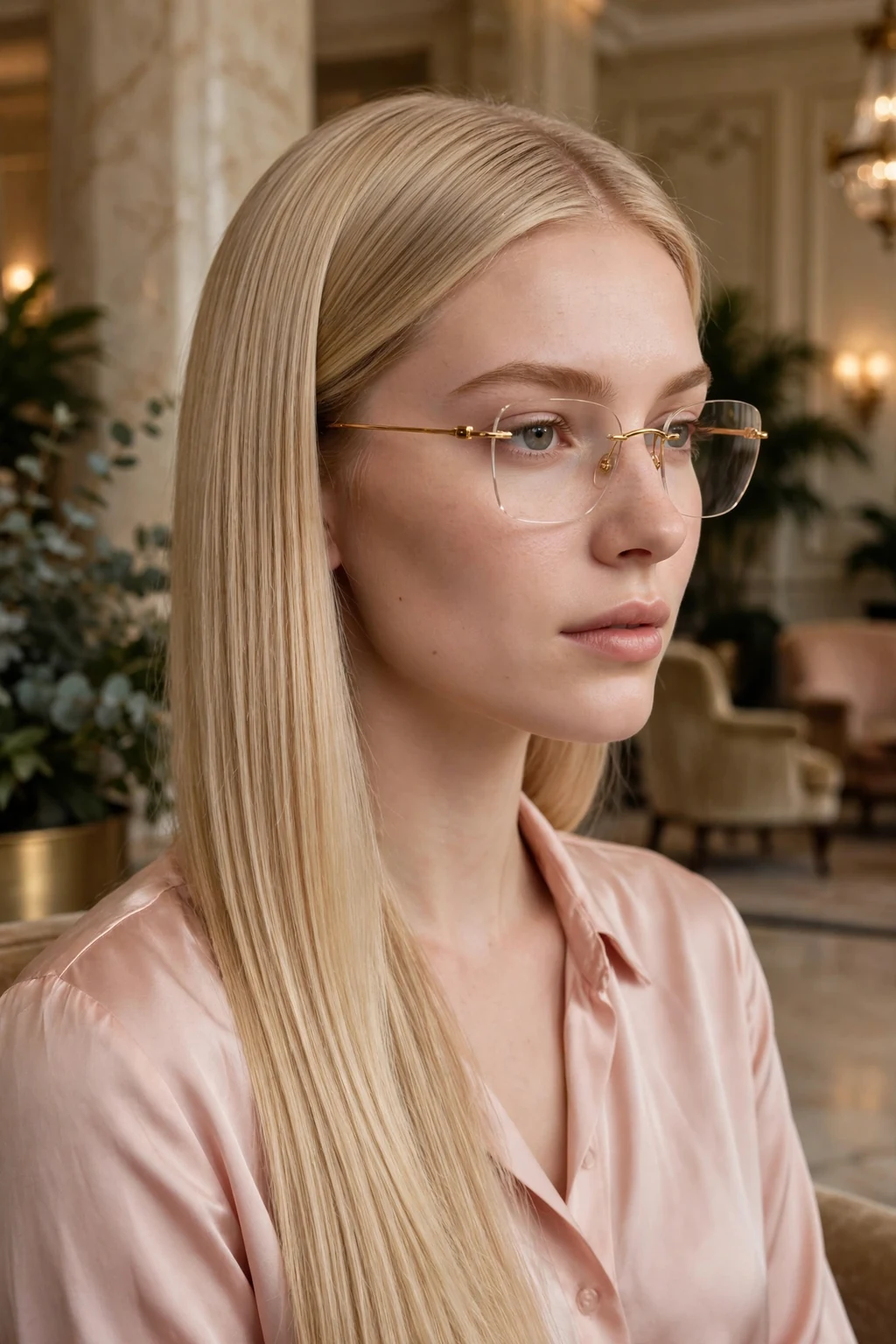 Young woman in her late 20s with a champagne blonde side part wearing gold rimless glasses.