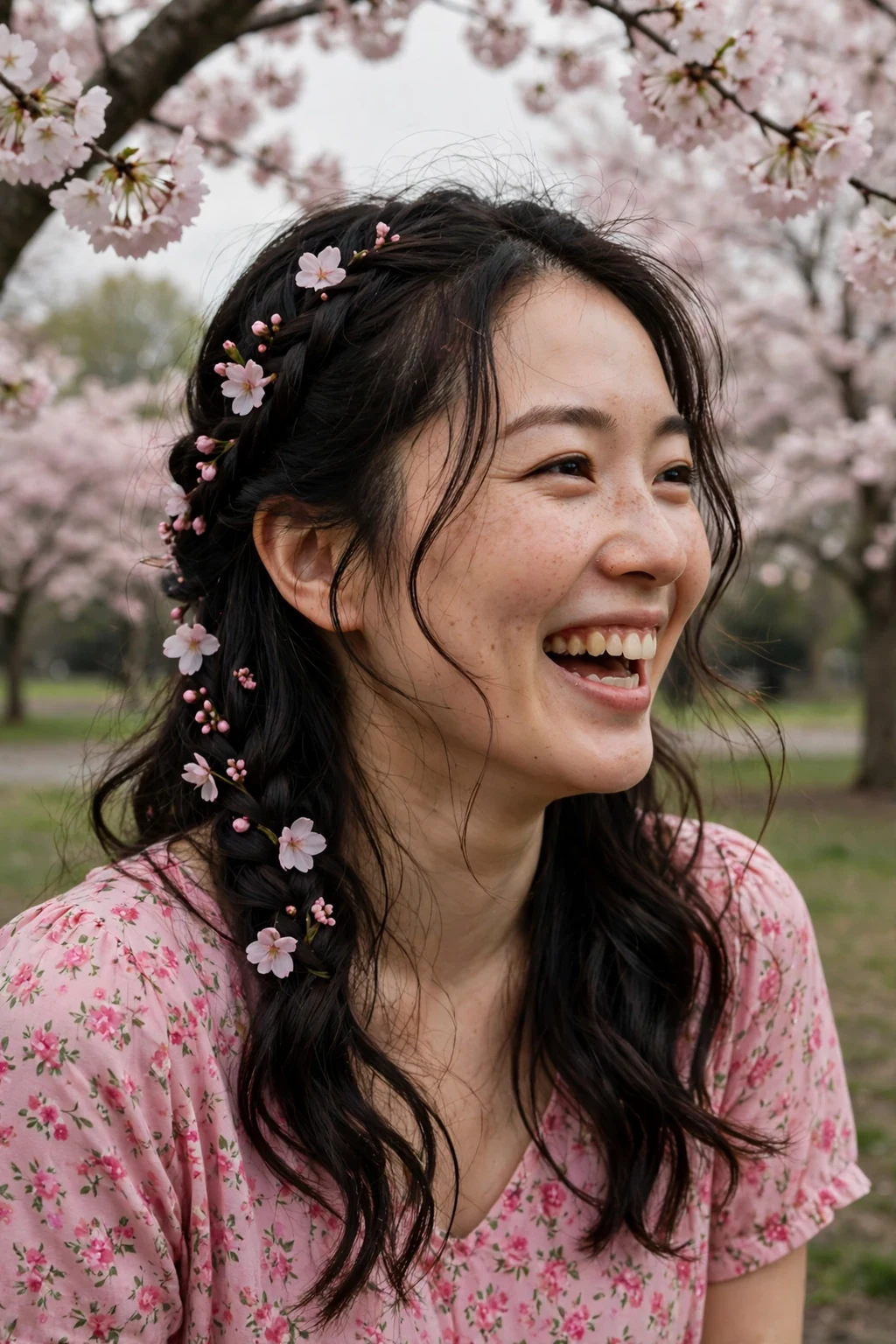 A young woman with a cherry blossom half-up braid and soft waves, standing under blooming trees in a pink floral dress.