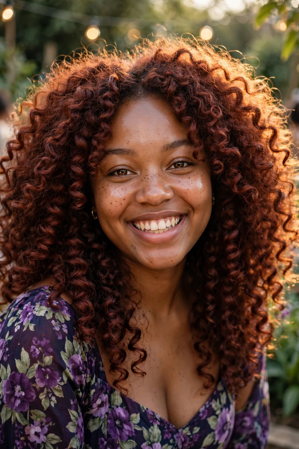 Young Black woman in her mid-20s with voluminous cherry cola curls in a rich red-brown shade, at a garden party wearing a floral maxi dress.