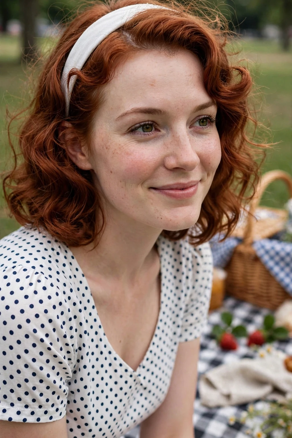 Young woman with cherry red vintage pin curls and a white headband at a retro summer picnic.