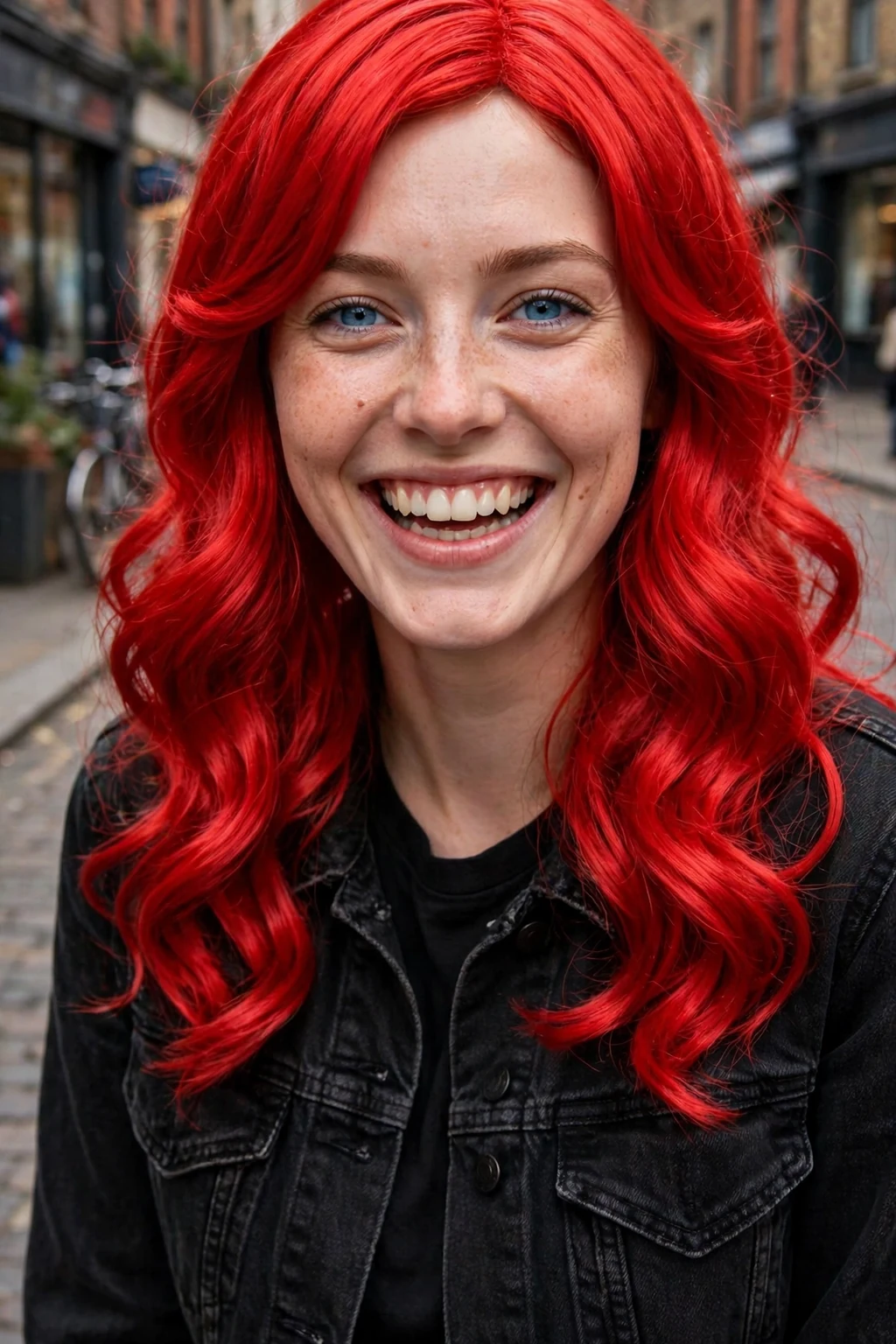 Young woman wearing a cherry red wig with vibrant glossy red hair.
