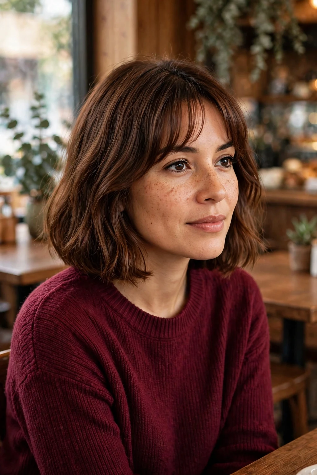 Young woman with a chestnut bob and curtain bangs, sitting in a cozy cafe wearing a burgundy sweater.