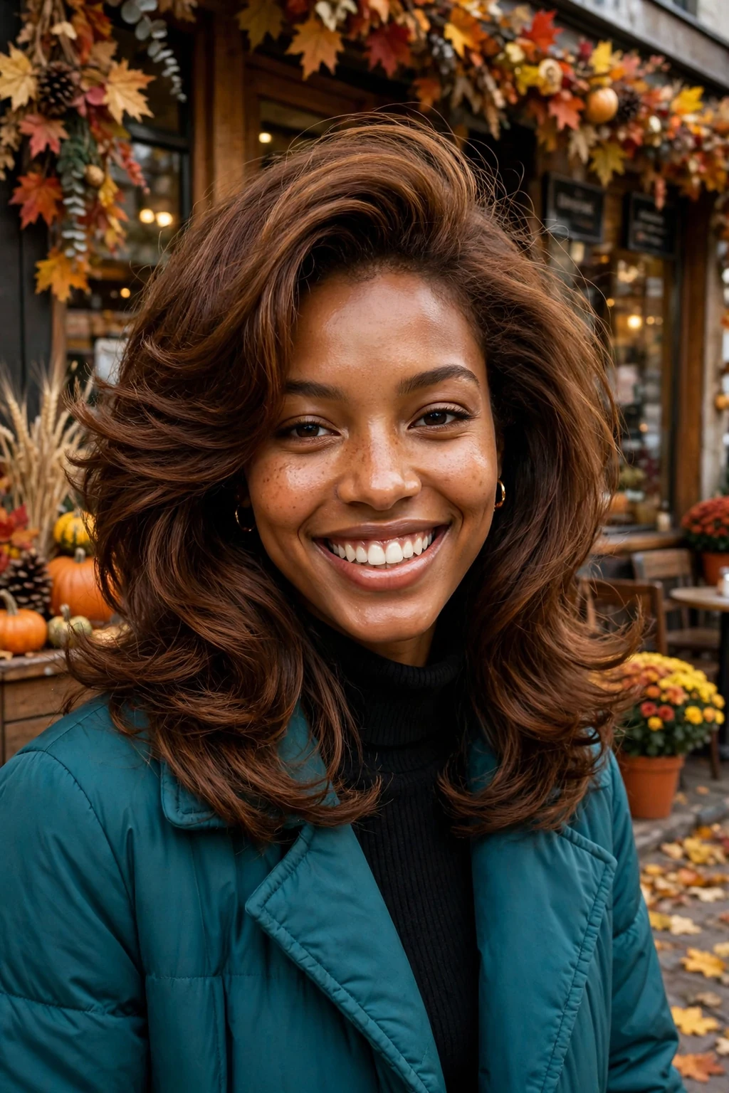 Young Black woman with a chestnut layered blowout, bouncy feathered layers, wearing a teal coat, outside a cafe in fall.