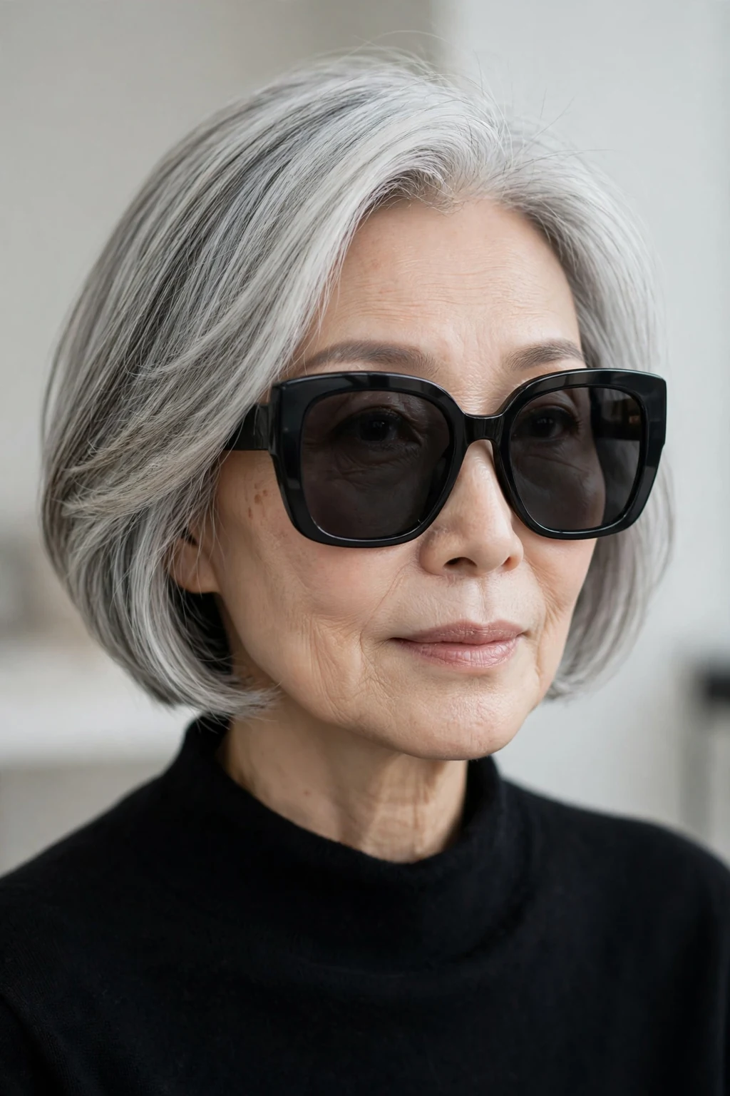 Elegant woman over 50 with fine hair and glasses and chic bob, modern sophisticated shape, stunning light.