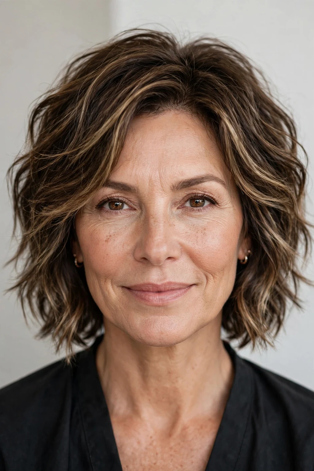 Woman over 40 with chic choppy lob, modern textured cut, confident light.