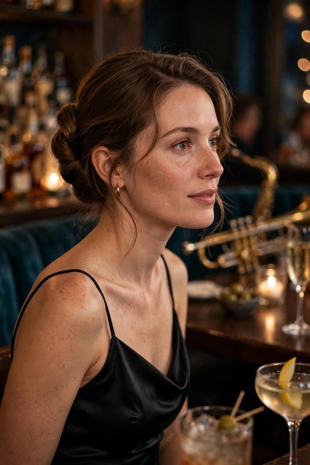 Young woman with a chic French twist at a cocktail evening, wearing a black satin dress.