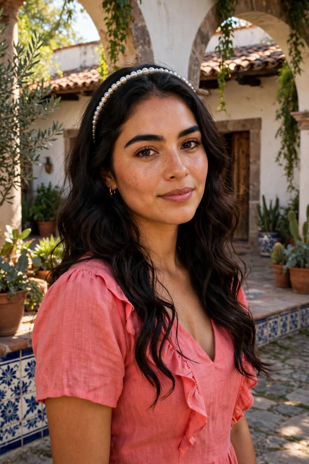 Young woman with chic headband waves hairstyle at a wedding, wearing a coral pink dress.