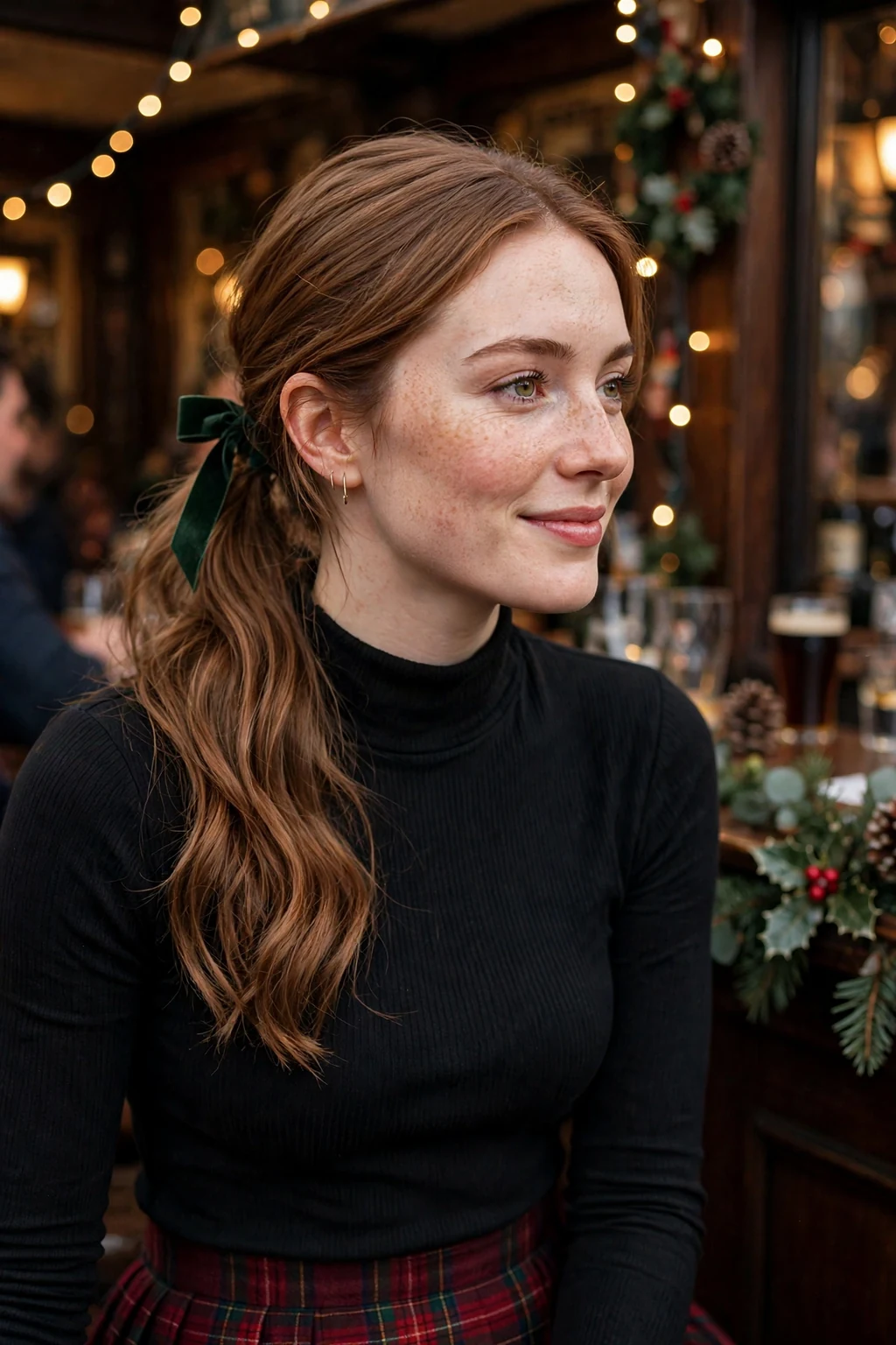 A young woman with a chic low ponytail tied with a velvet ribbon at a party, wearing a ivory blouse and tartan skirt.