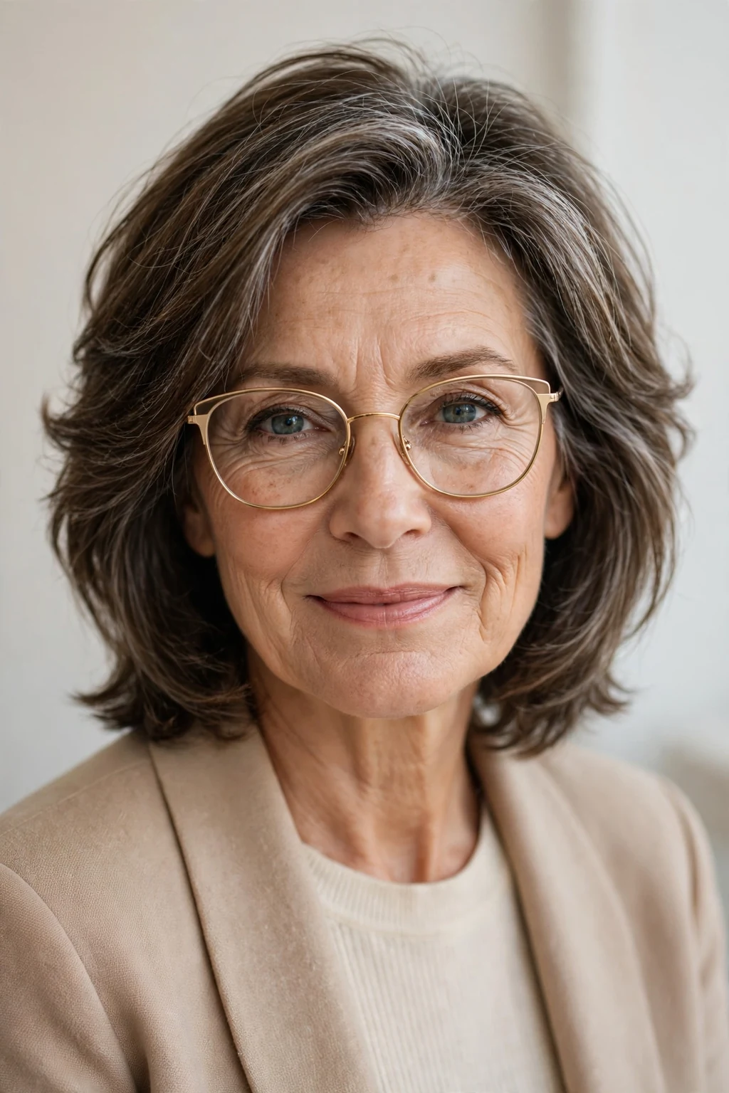 Elegant woman over 50 with glasses and chic medium cut, modern sophisticated shape, stunning light.