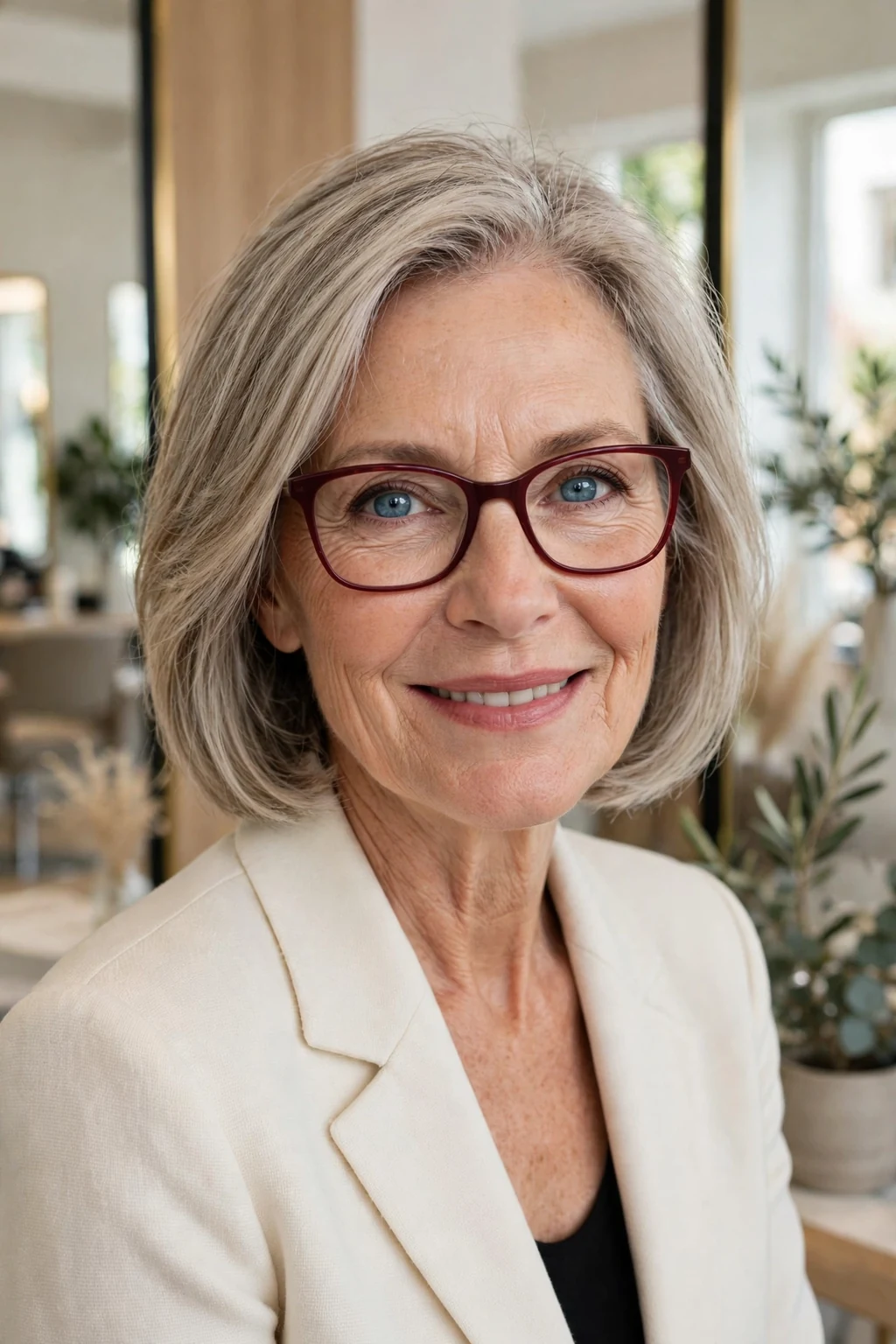 Elegant woman over 60 with fine hair and glasses and chic medium cut, sophisticated flattering shape, stunning light.