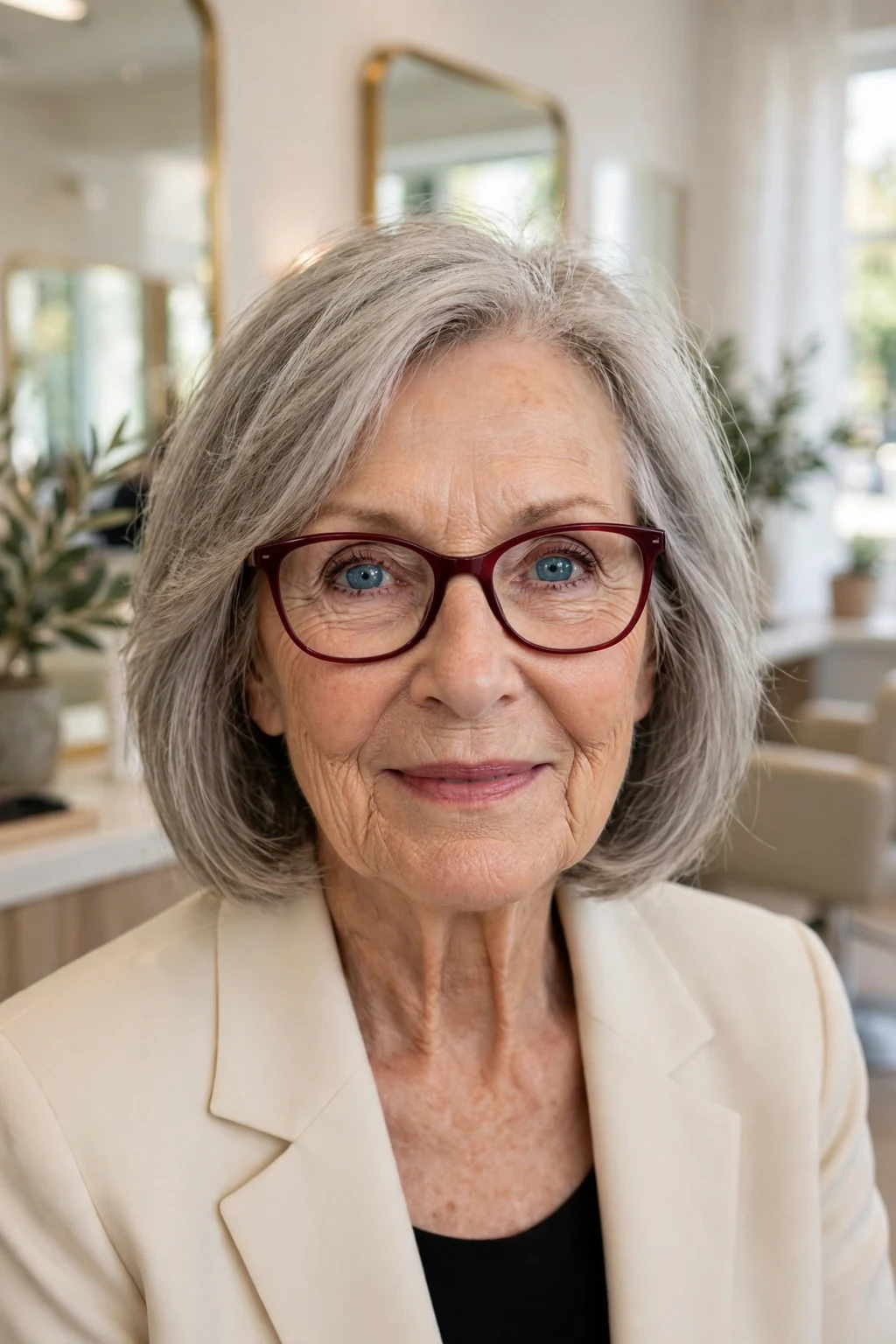 Elegant older woman over 70 with fine hair and glasses and chic medium cut, sophisticated flattering shape, stunning light.