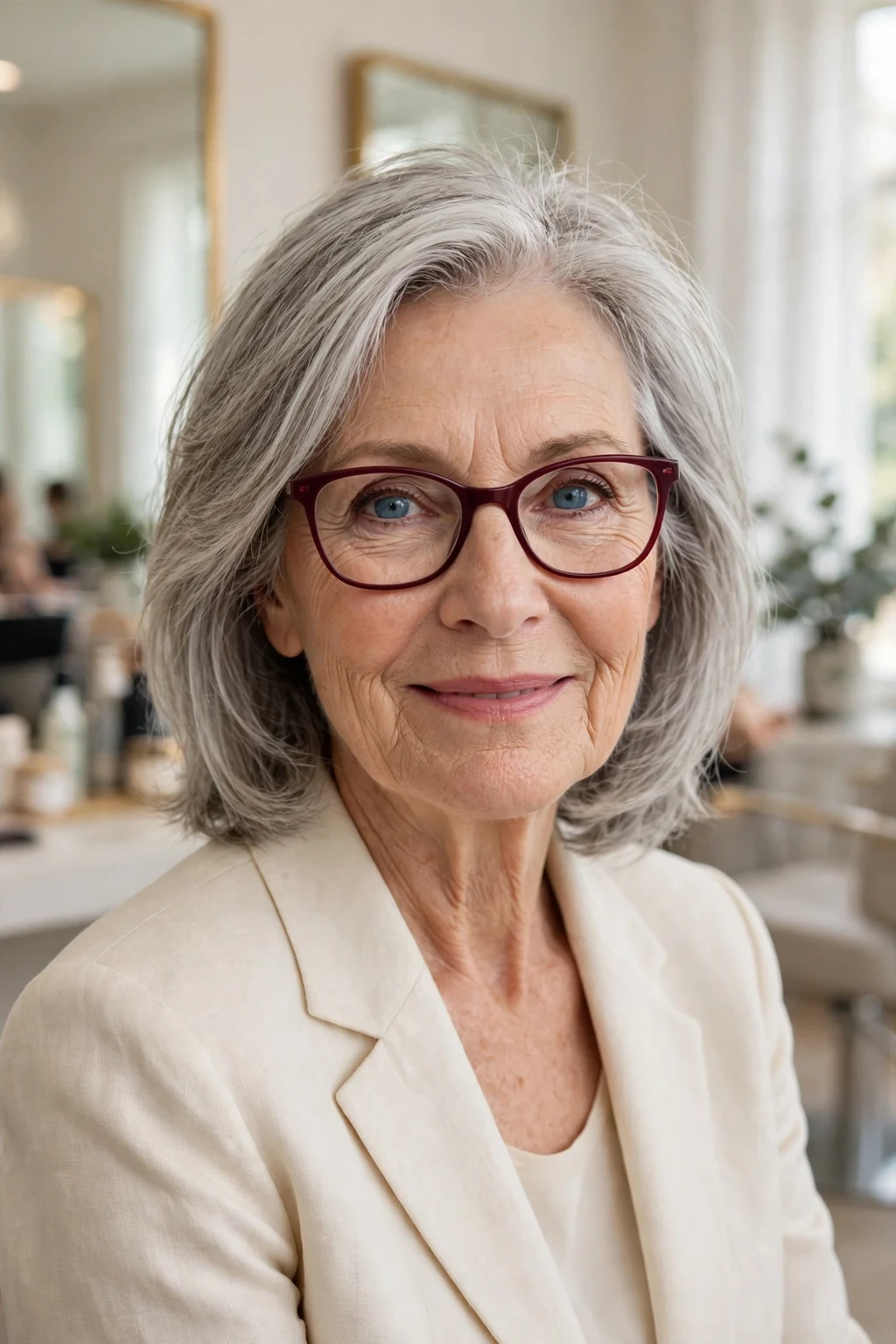 Elegant woman over 60 with fine hair and glasses and chic medium cut, sophisticated flattering shape, stunning light.