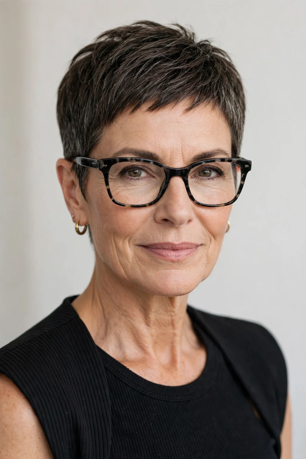 Elegant woman over 50 with glasses and chic pixie cut, bold beautiful crop, confident light.
