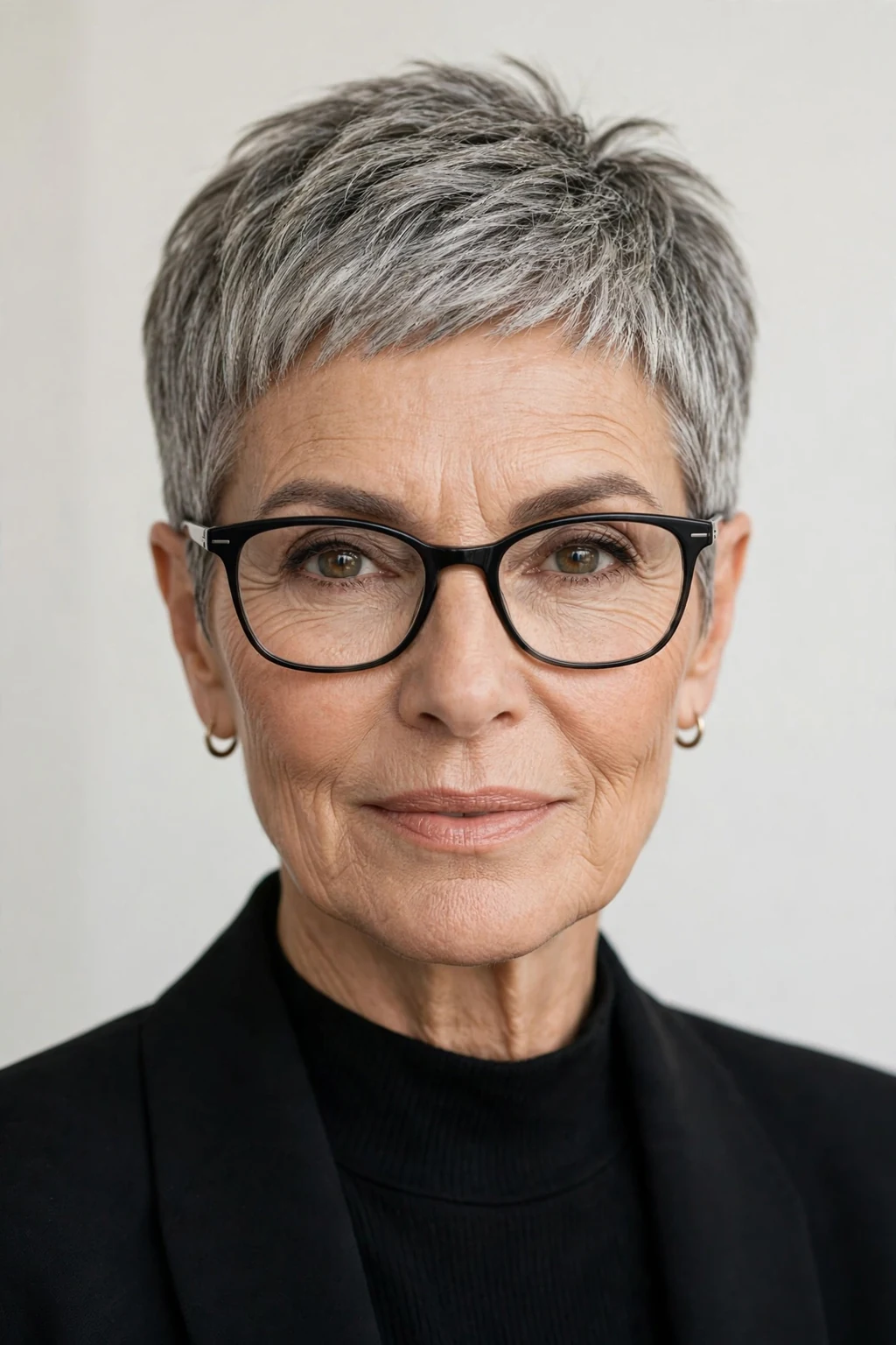 Elegant woman over 60 with glasses and chic pixie cut, bold beautiful crop, confident light.