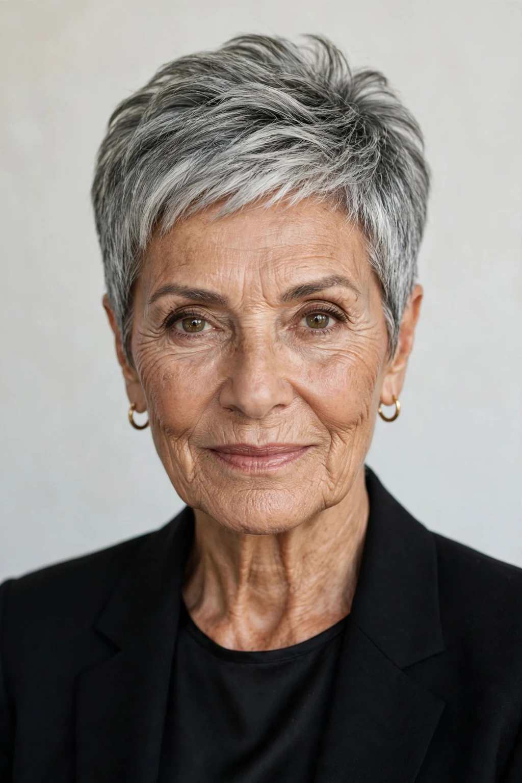 Elegant woman over 70 with chic pixie cut, bold beautiful crop, confident light.