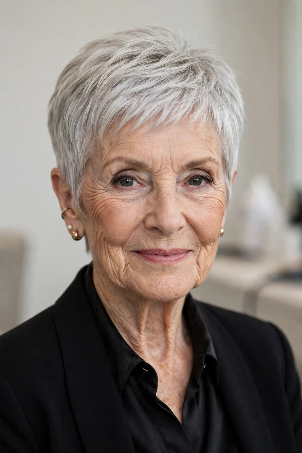 Elegant woman over 80 with chic pixie cut, bold beautiful crop, confident light.