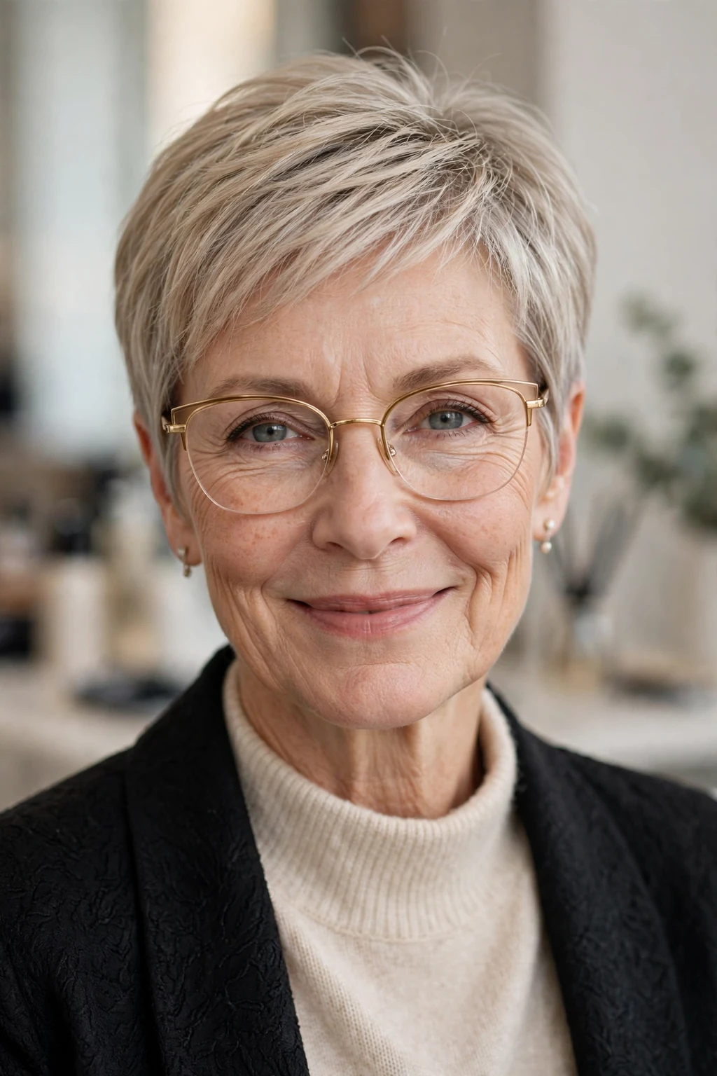 Elegant woman over 50 with fine hair and glasses and chic pixie, modern sophisticated shape, stunning light.