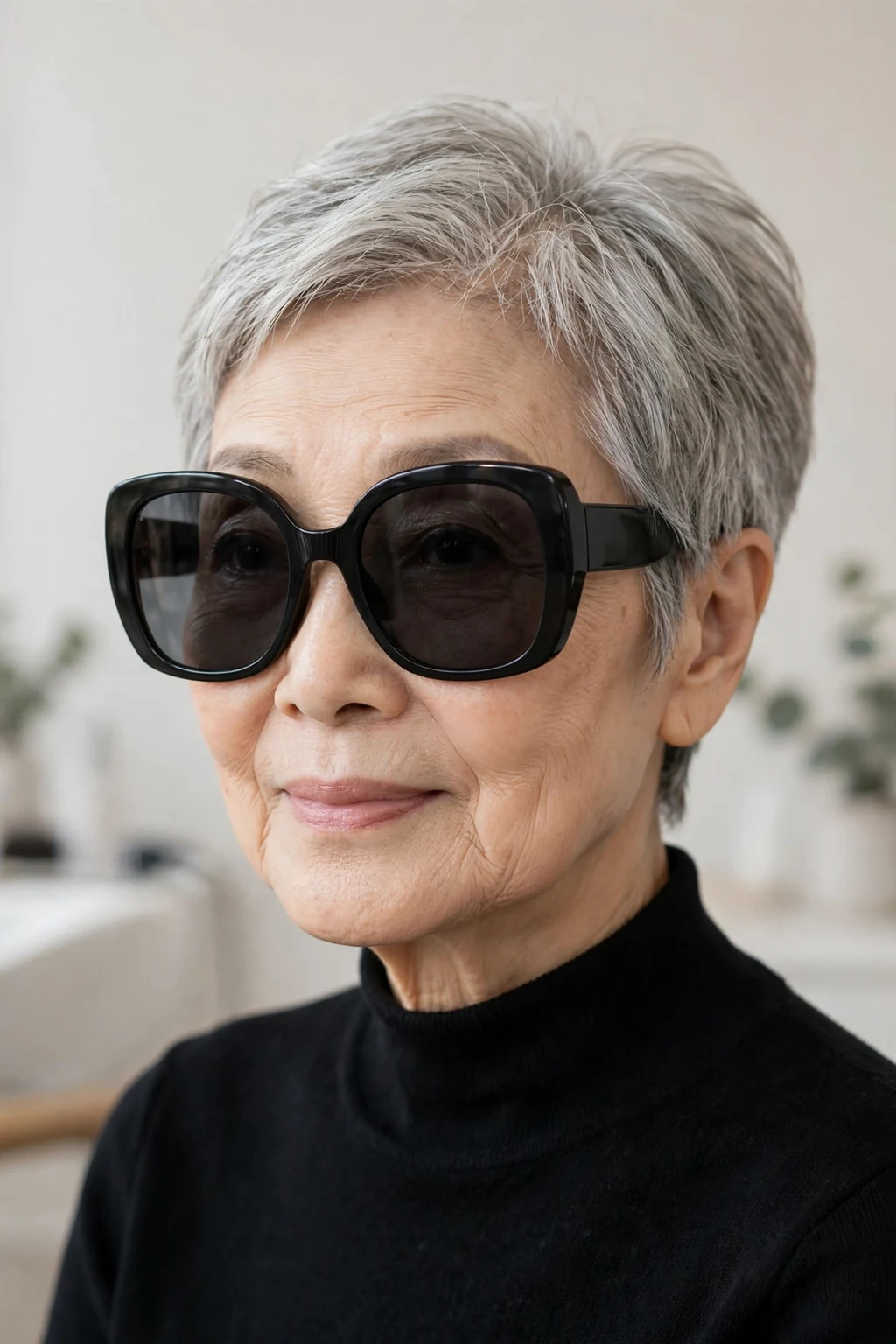 Elegant older woman with fine hair and glasses and chic pixie, modern sophisticated shape, stunning light.