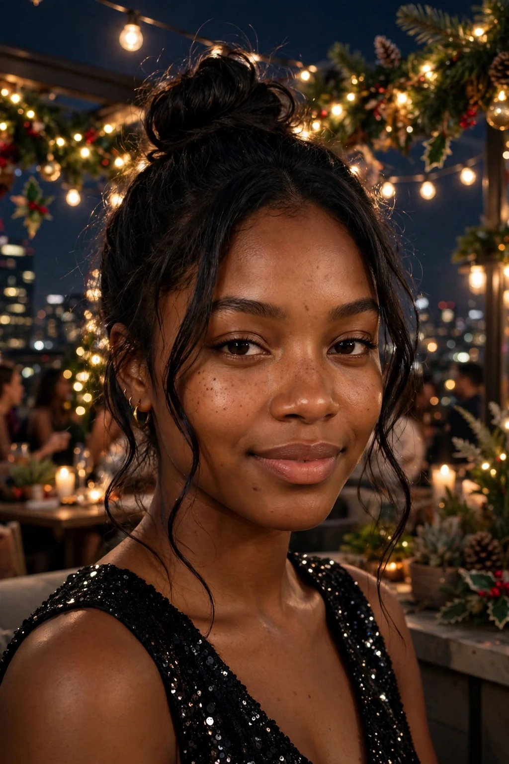 Young woman with a chic top knot and face-framing pieces, wearing a black sequin top.