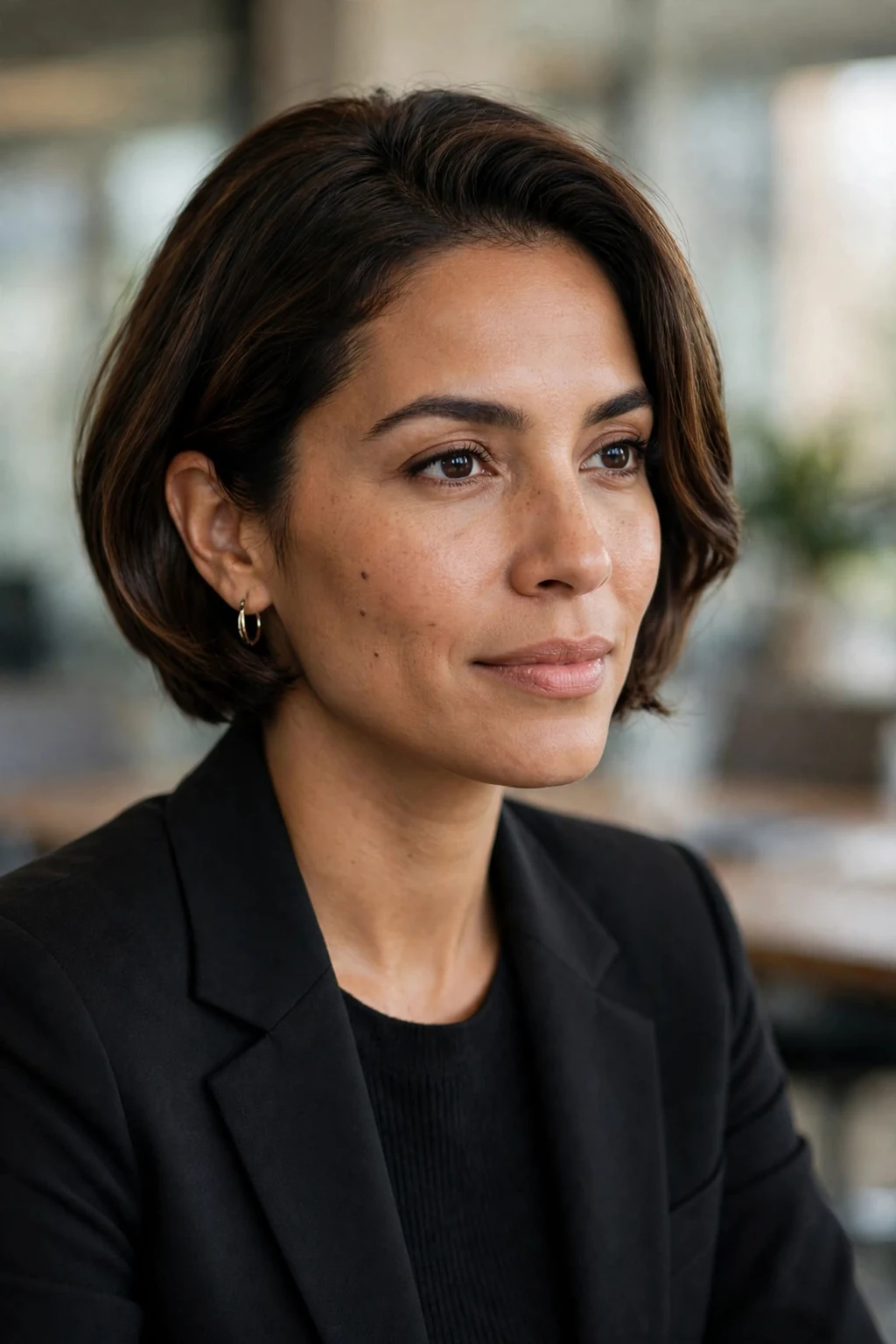 Beautiful woman with chic tucked bob, elegantly tucked bob, refined light.