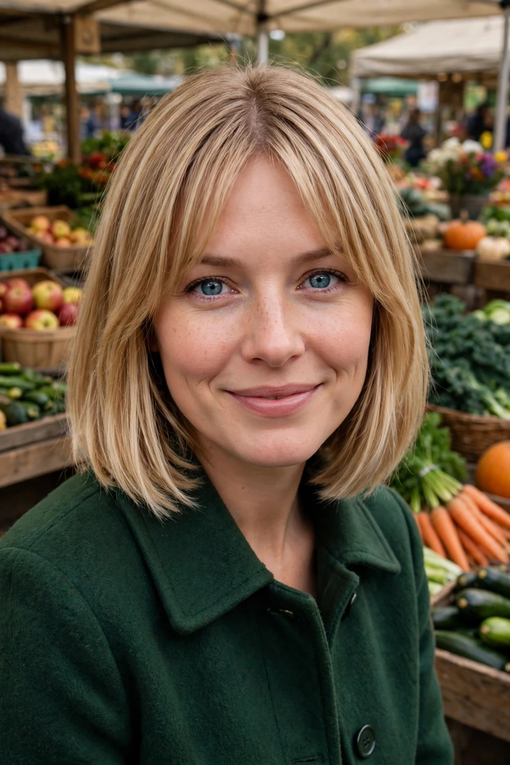 A young woman with a chin bob and curtain bangs, wearing a forest green coat in a farmers market.