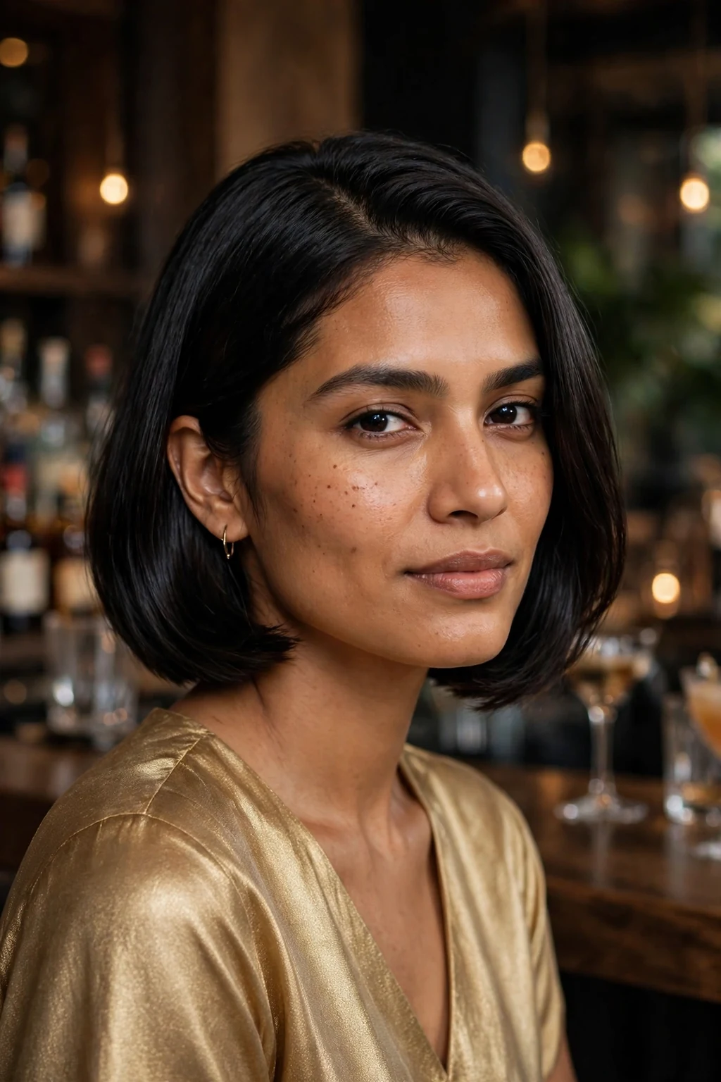 A young woman with a chin bob with deep side part, wearing a gold top at a cocktail lounge.