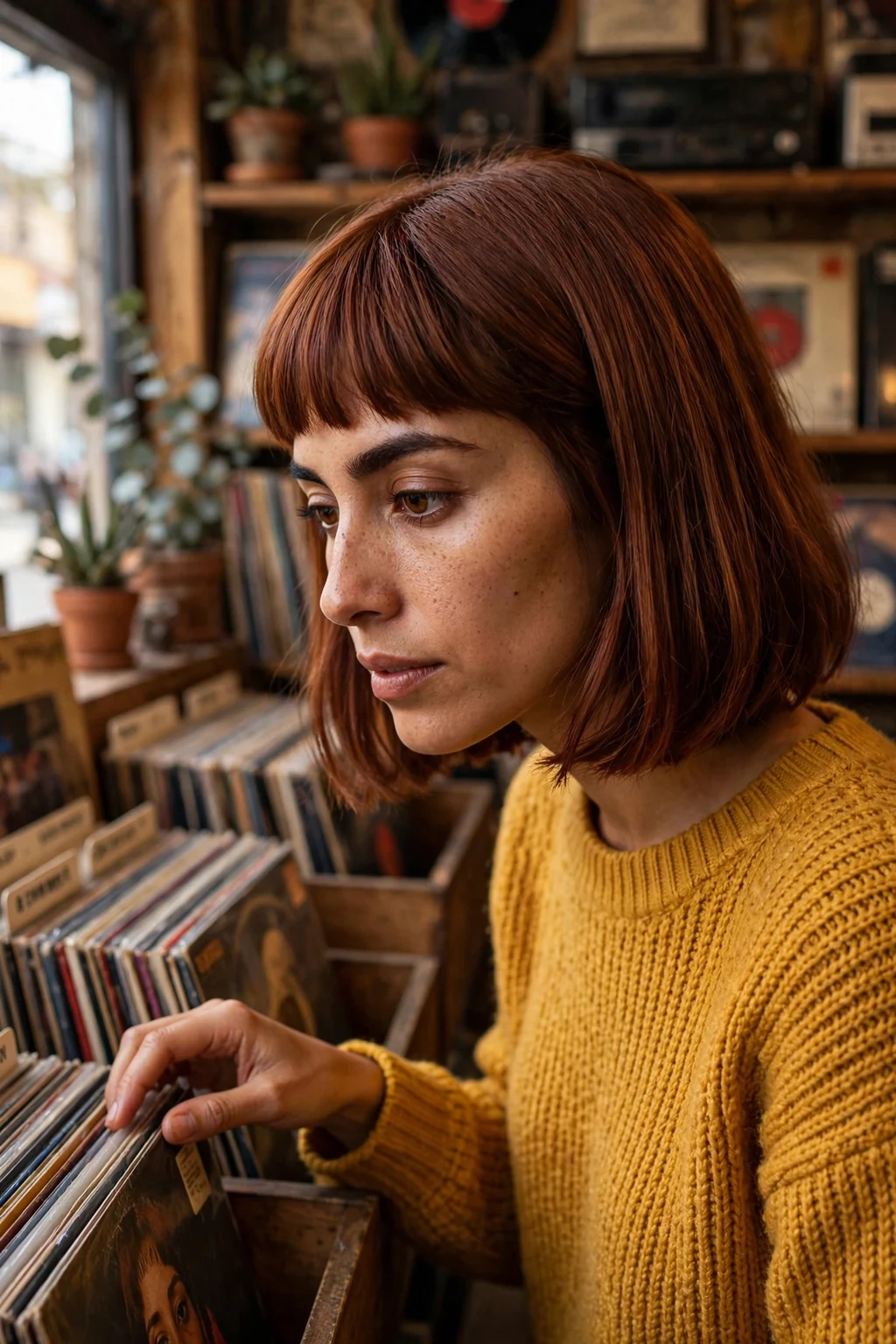 A young woman with a chin bob and full fringe, wearing a mustard sweater in a vintage record shop.