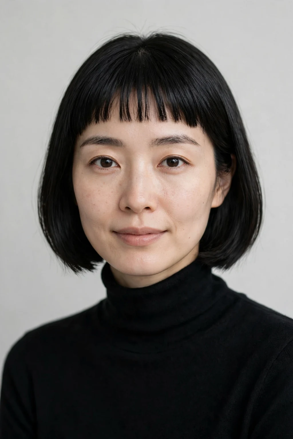 A young woman with a chin bob and micro bangs, wearing a black turtleneck in a minimalist studio.