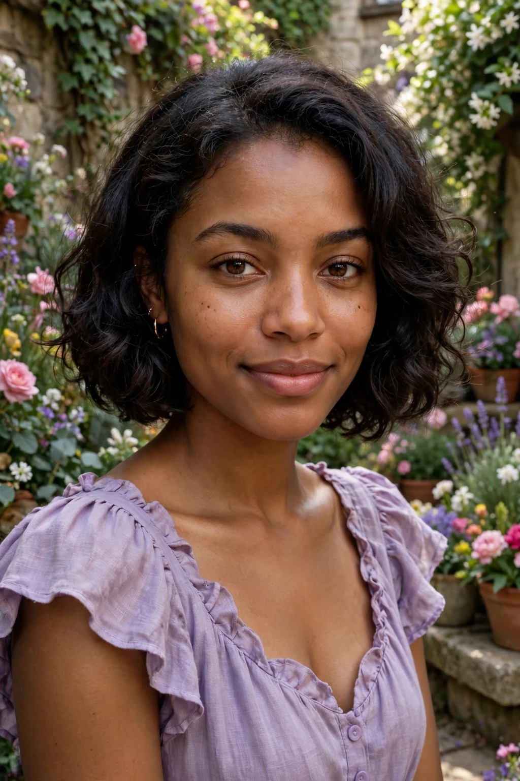A young woman with a chin bob with soft curls, wearing a lavender dress in a flower-filled courtyard.