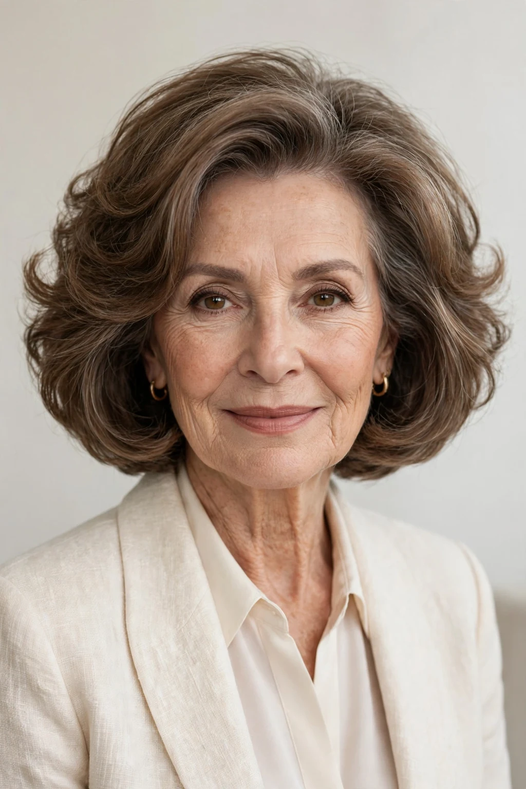 Elegant woman over 60 with voluminous chin bob, full bouncy body, glamorous light.