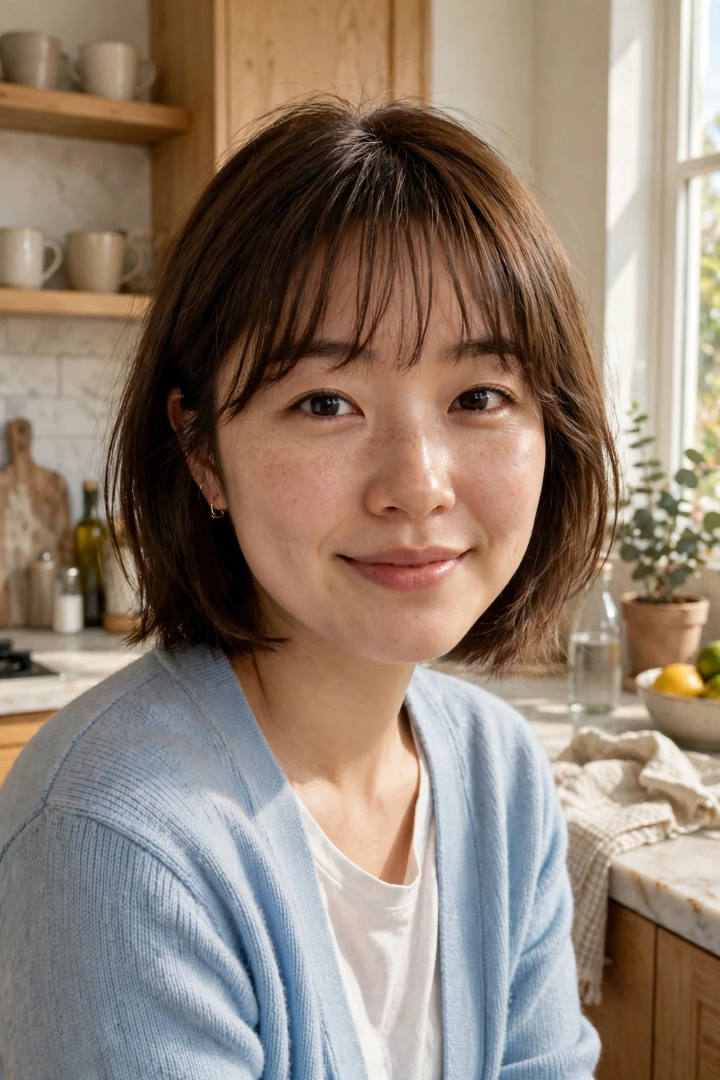 A young woman with a chin bob and wispy bangs, wearing a light blue cardigan in a sunny kitchen.