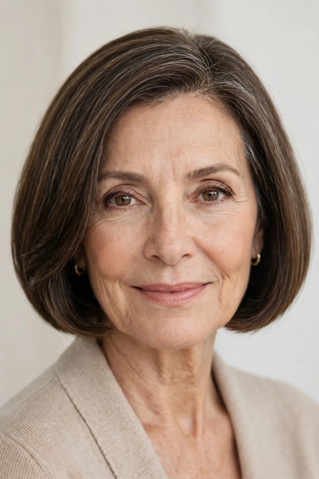 Elegant woman over 50 with chin-length bob, classic beautiful cut, refined light.