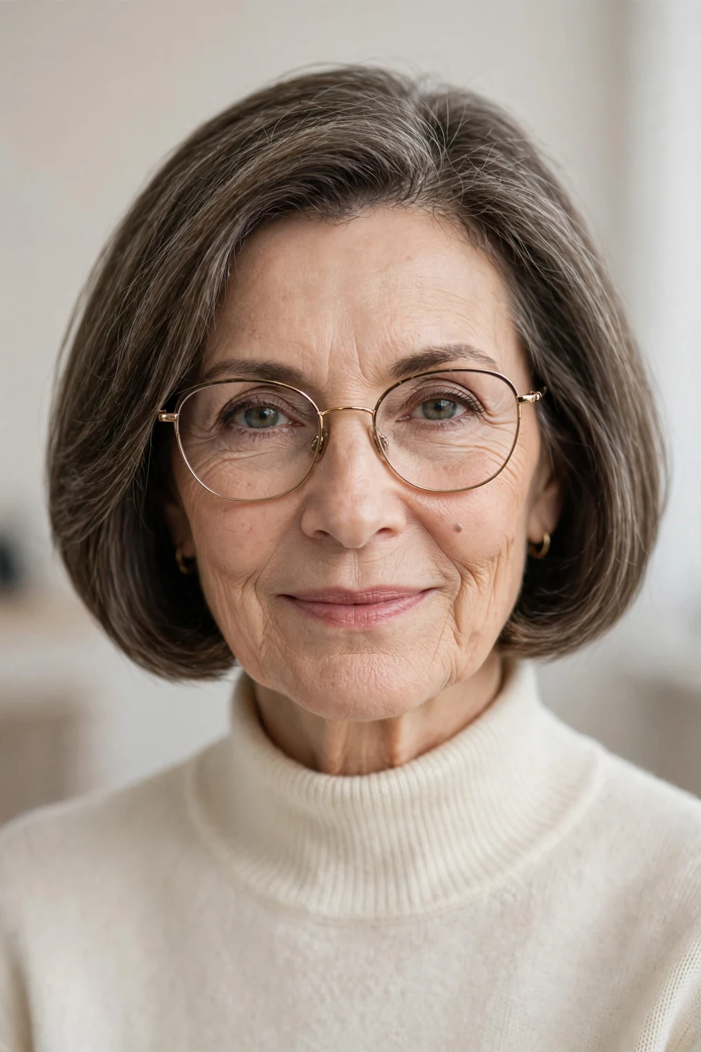 Elegant woman over 60 with glasses and chin-length bob, classic beautiful cut, refined light.