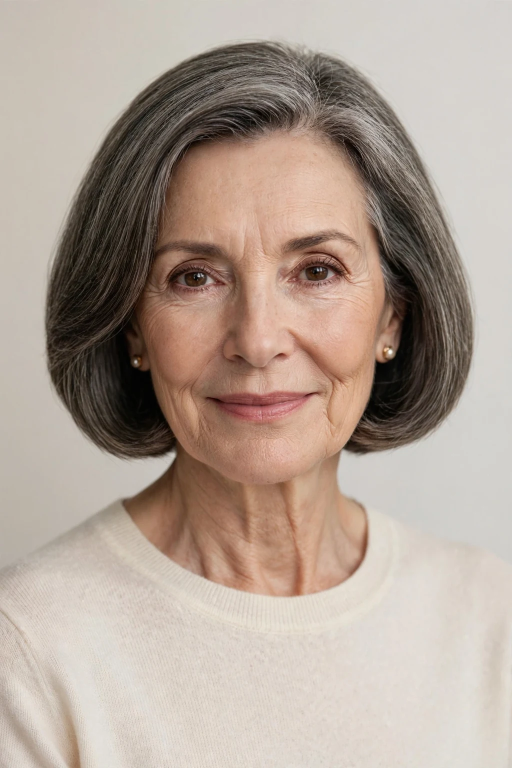 Elegant woman over 60 with chin-length bob, classic beautiful cut, refined light.