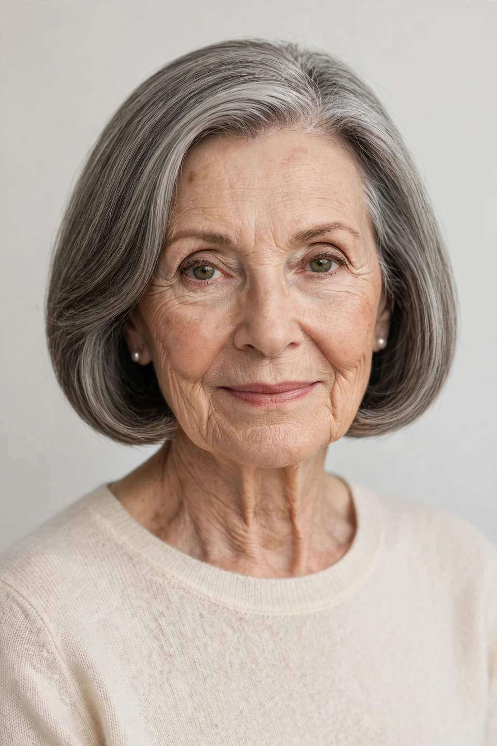Elegant woman over 70 with chin-length bob, classic beautiful cut, refined light.