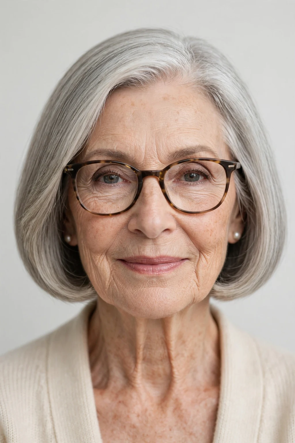 Elegant woman over 70 with glasses and chin-length bob, classic beautiful cut, refined light.