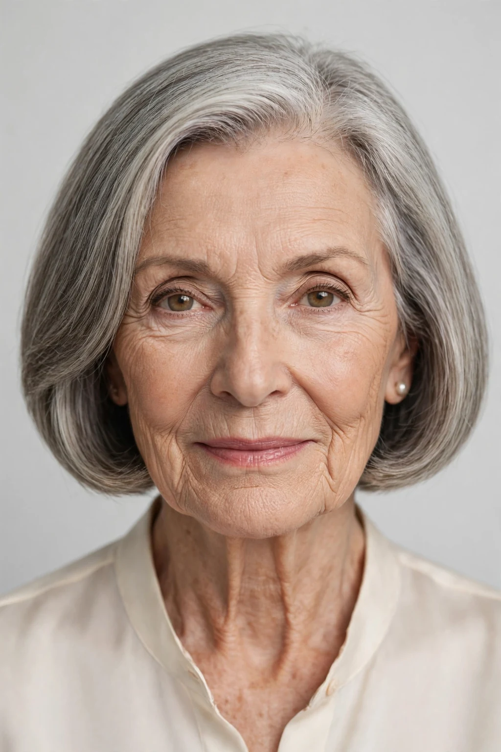 Elegant woman over 70 with chin-length bob, classic beautiful cut, refined light.