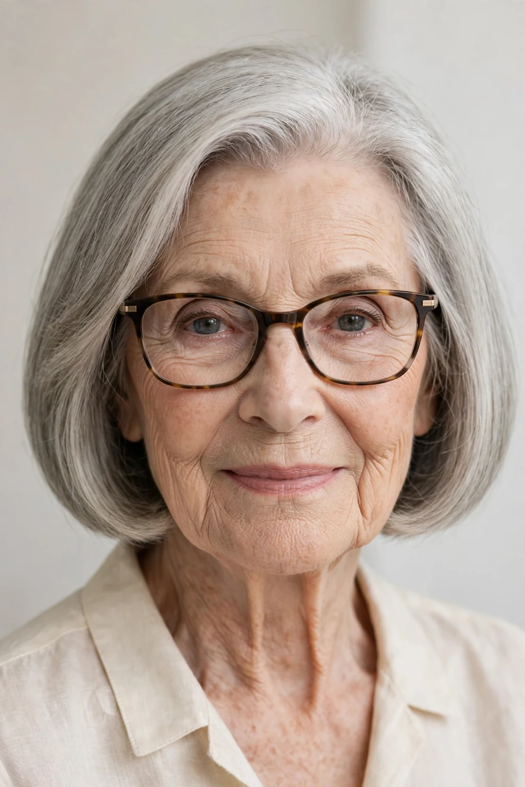 Elegant woman over 80 with glasses and chin-length bob, classic beautiful cut, refined light.