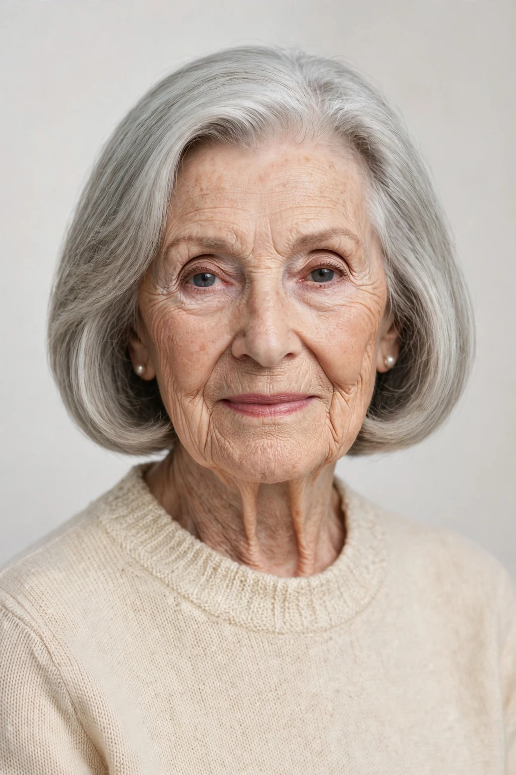 Elegant woman over 80 with chin-length bob, classic beautiful cut, refined light.