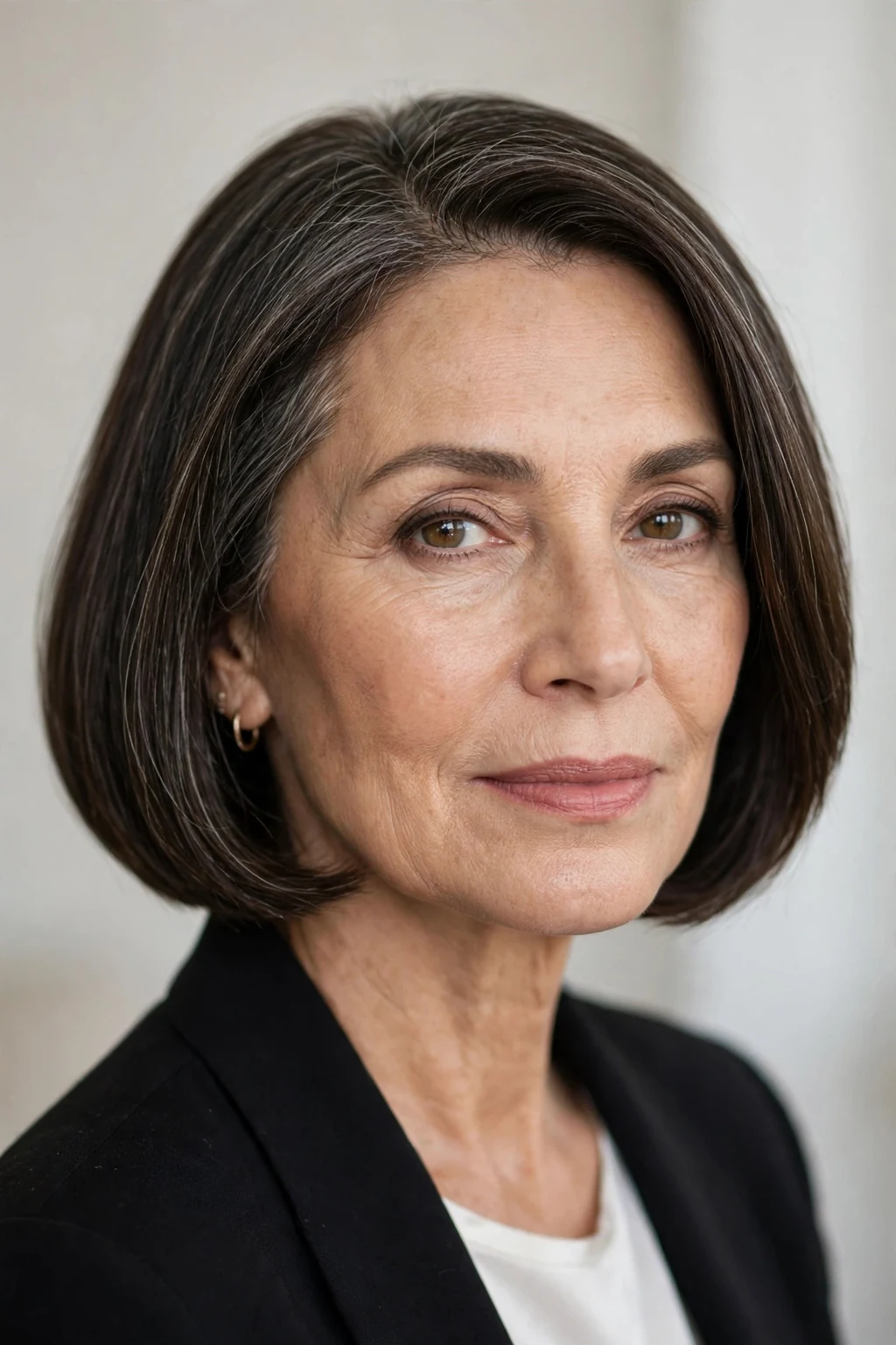 Elegant woman over 50 with chin-length bob, classic beautiful cut, refined light.