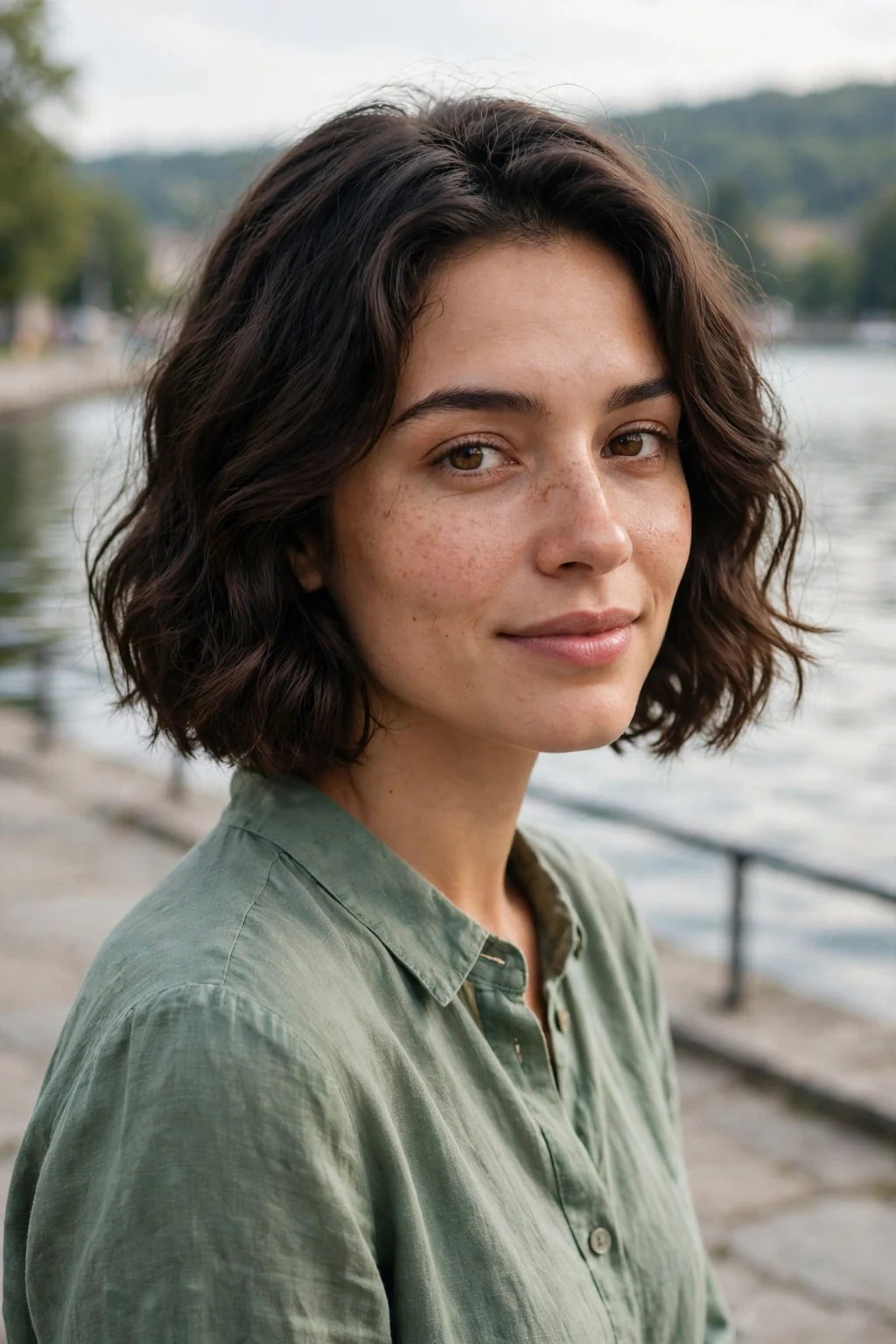 Young woman with a chin-length bob with soft waves, gentle bends, on a lakeside promenade.