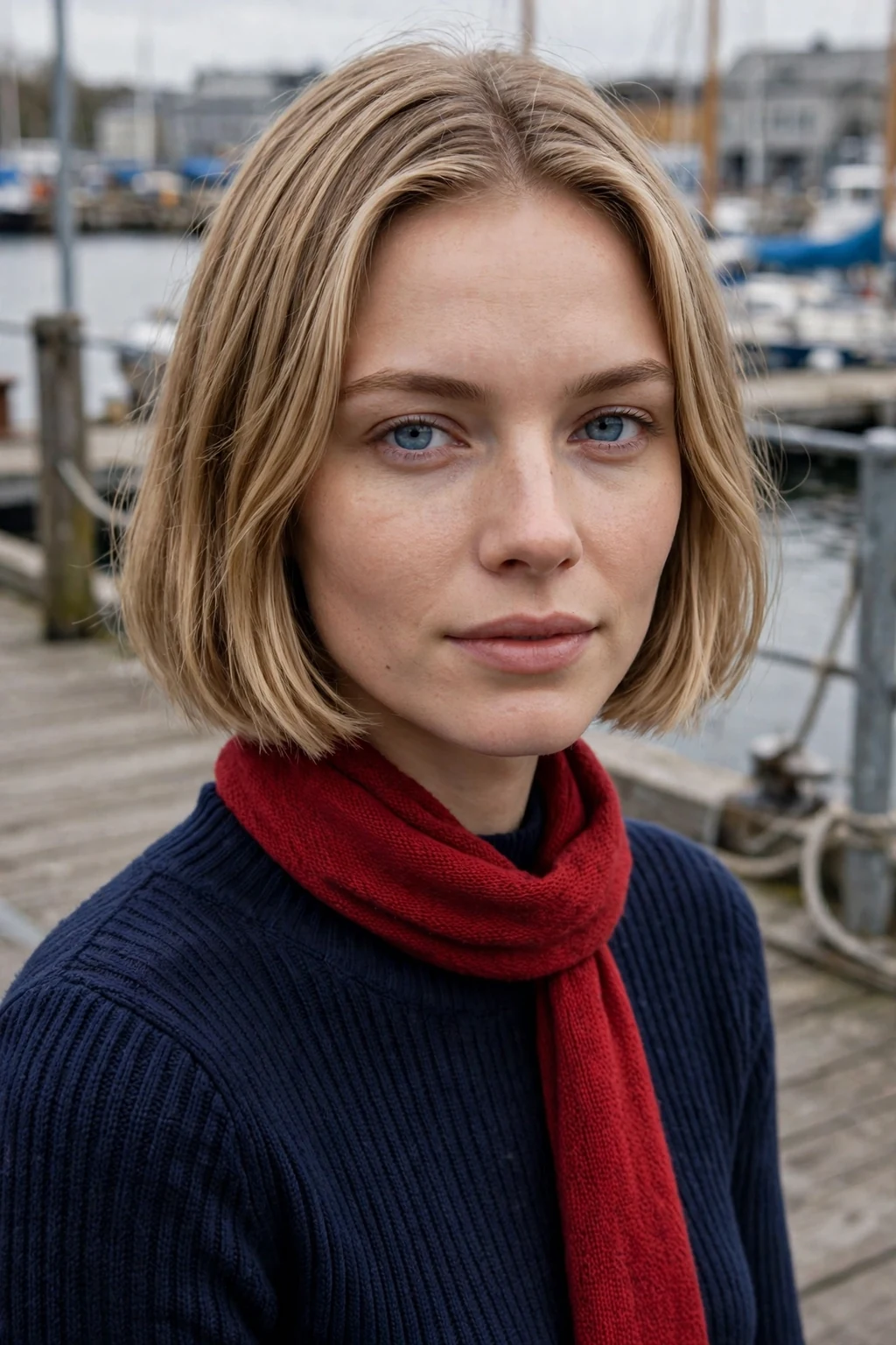 Young Swedish woman with a chin-length bob on a harbour walkway in a navy dress.