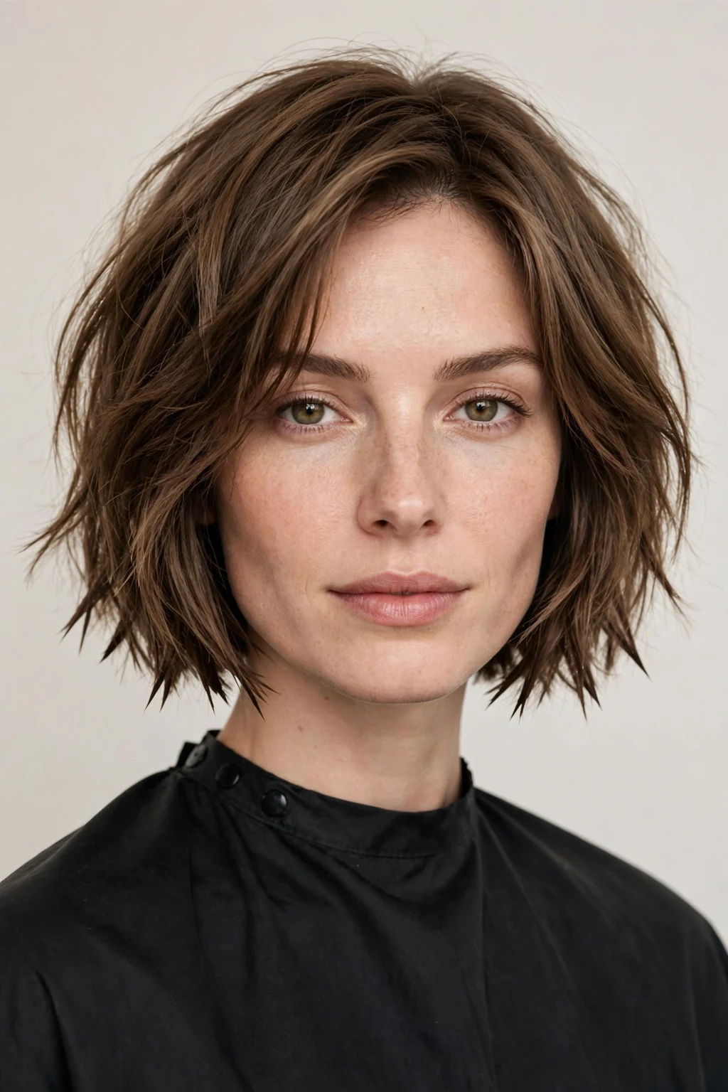 Woman with chin-length choppy bob, precise short bob with jagged texture, chic lighting.