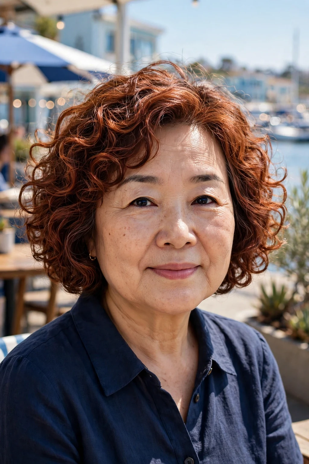 A woman in her early 60s with a chin-length curly bob in auburn curls, wearing a navy dress in a seaside cafe.