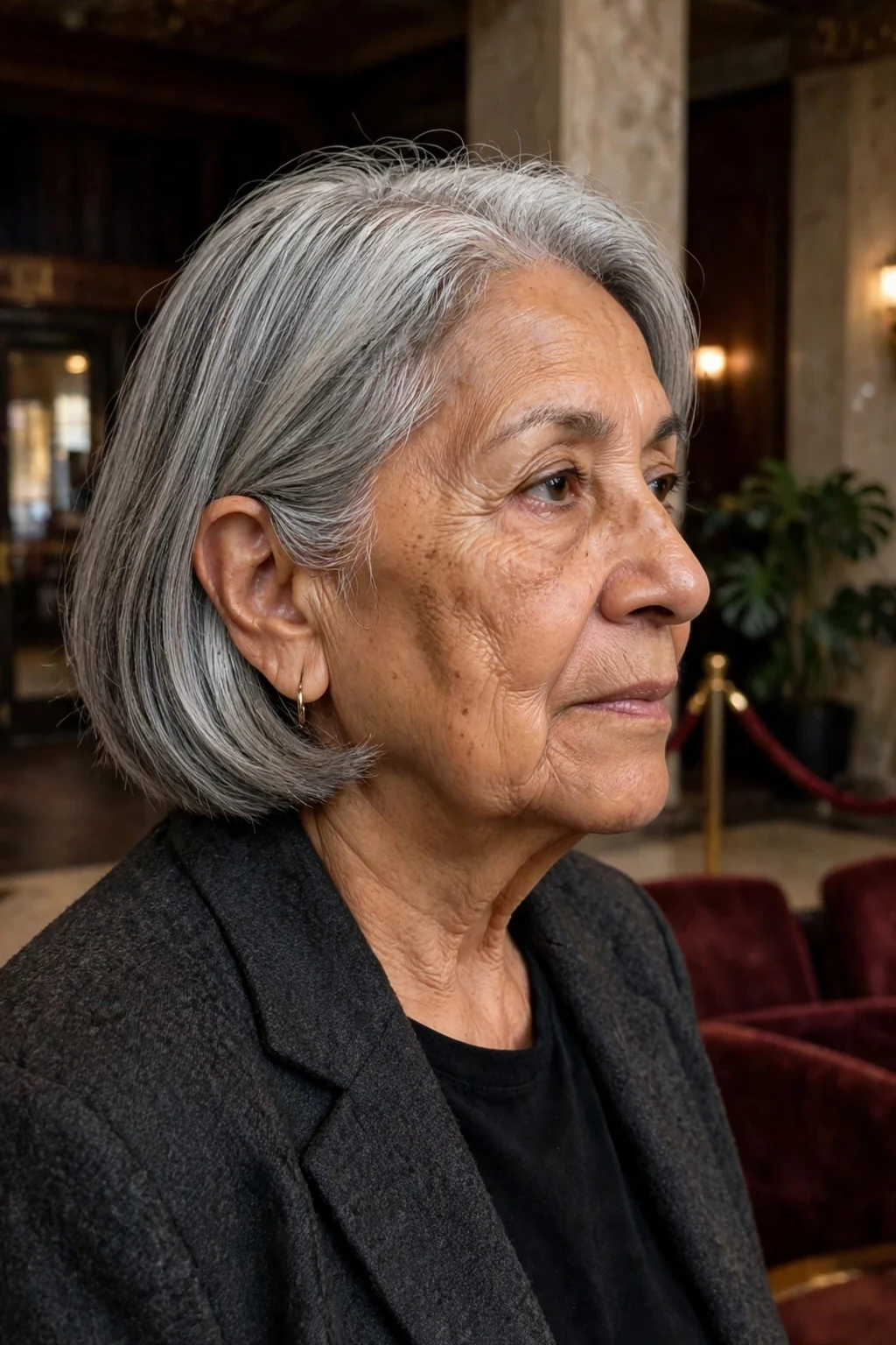 A mature Hispanic woman in her seventies with a chin-length gray bob, wearing a charcoal blazer in a theater lobby.